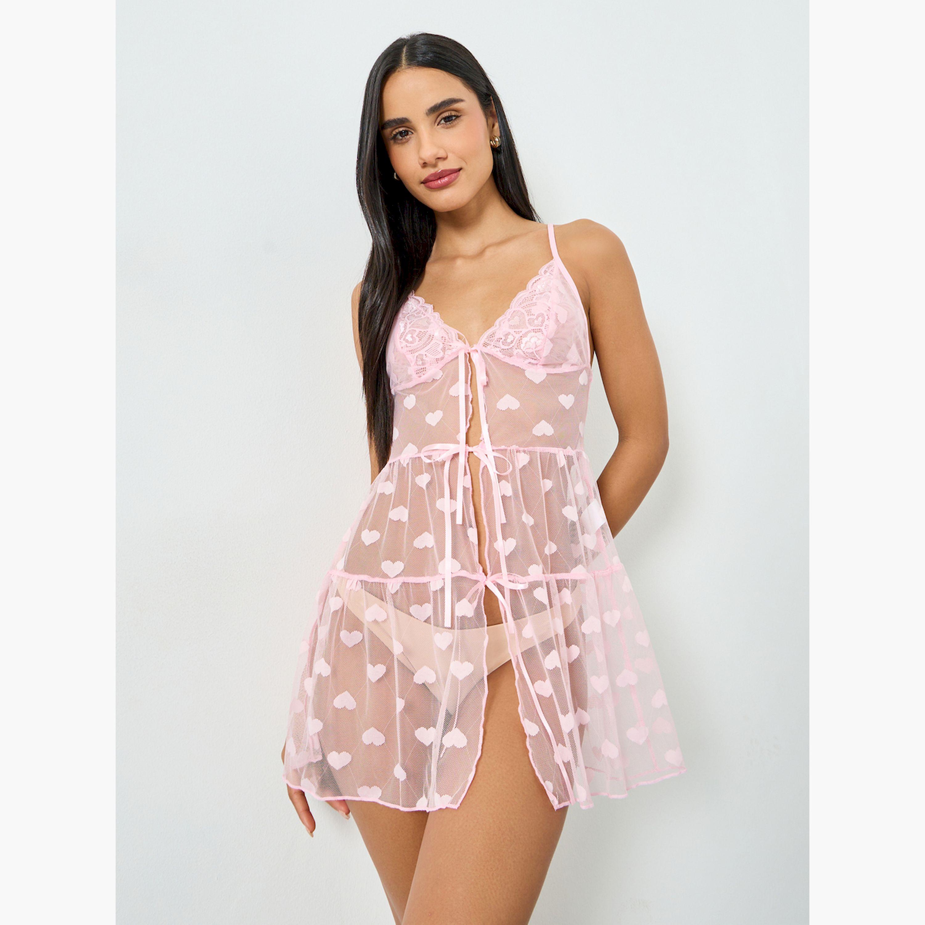 Take Two Pink Lace and Heart Pattern Babydoll-women-clothing-lingerie-babydollsandbodysuits-image-1