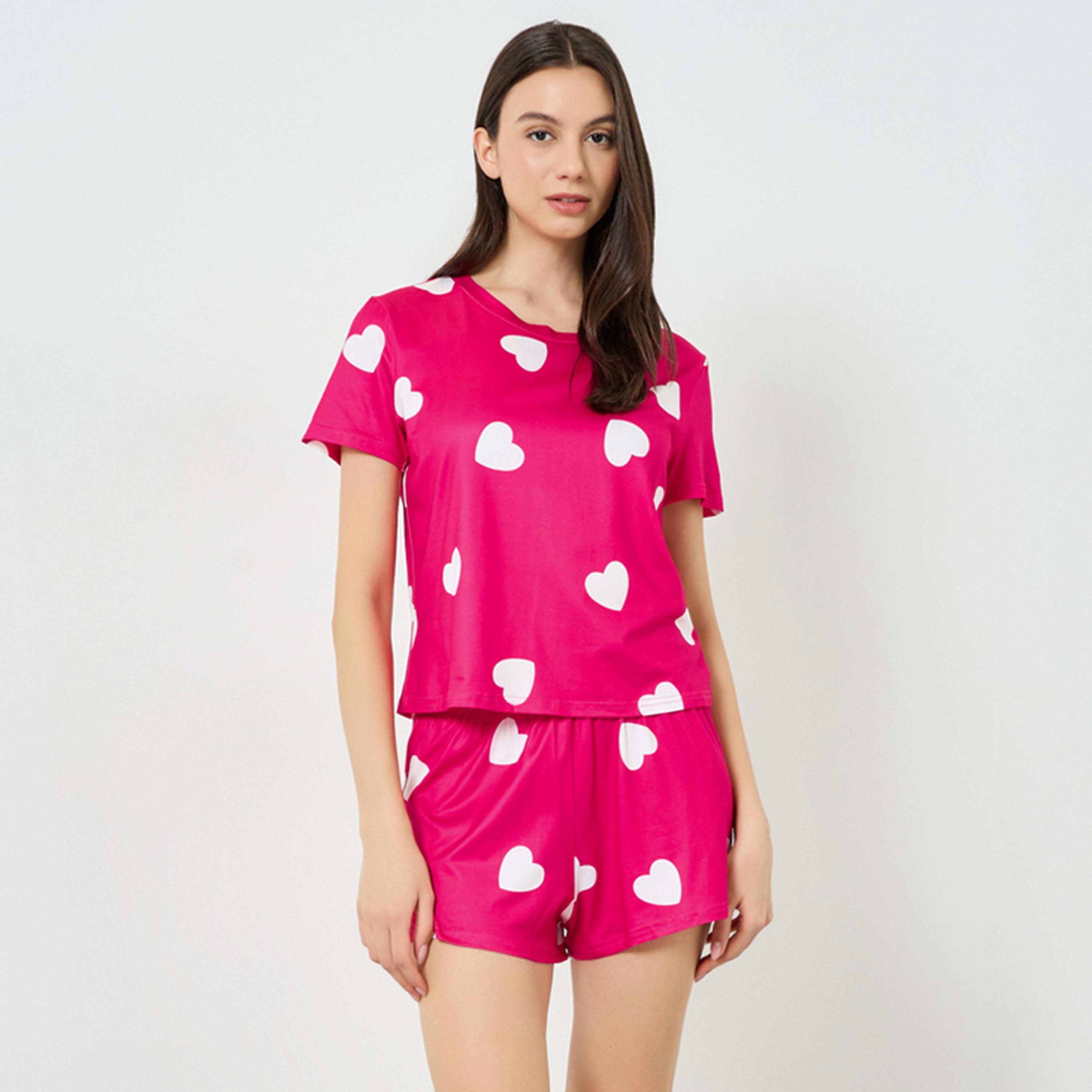 Take Two Pink Heart Print Top with Shorts Pyjama Set-women-clothing-nightwear-pyjamas-shortsets-image-1