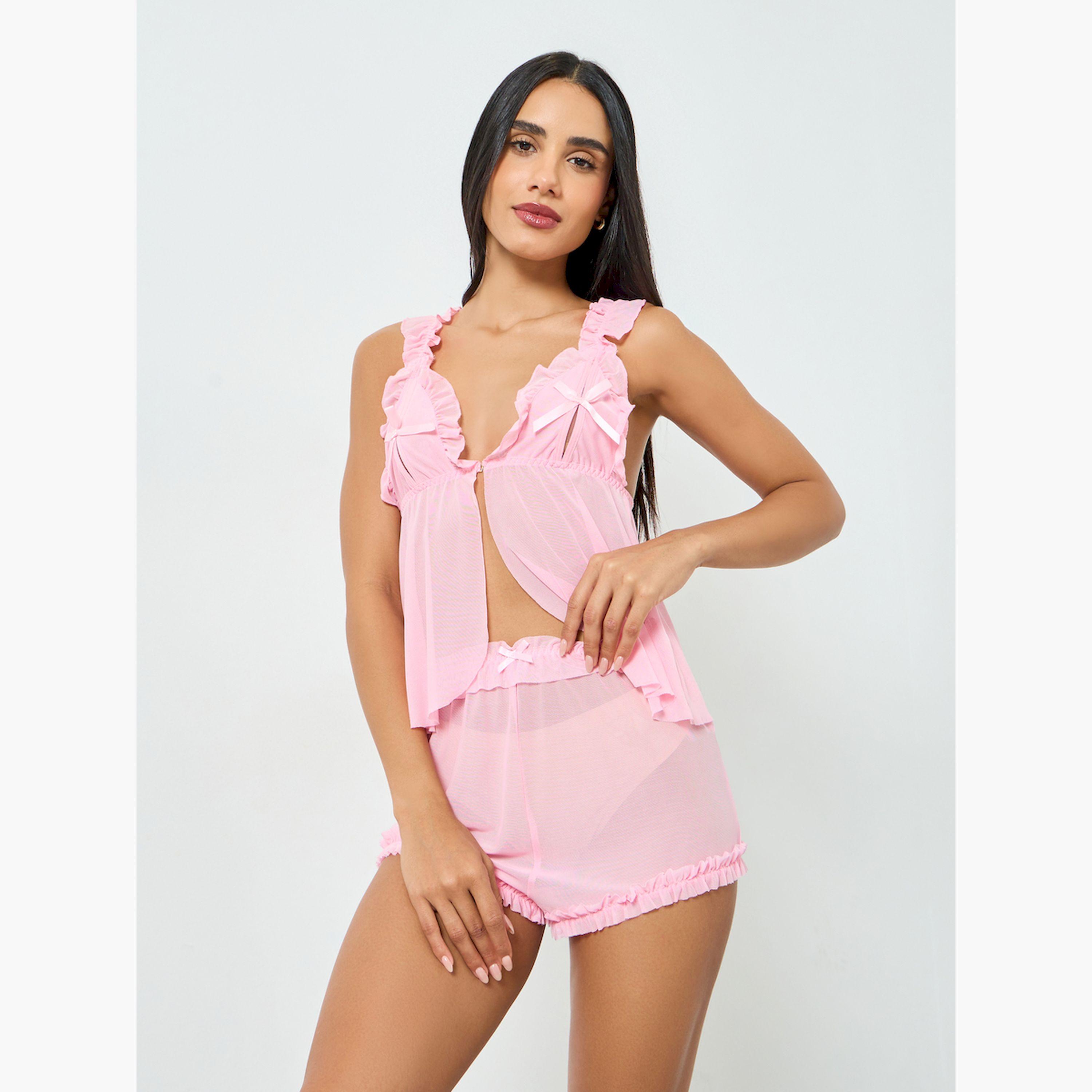 تيك تو × ستايلي - طقم بلوزة وشورت باللون الوردي الفاتح مزين بكشكشة-women-clothing-nightwear-pyjamas-shortsets-image-5