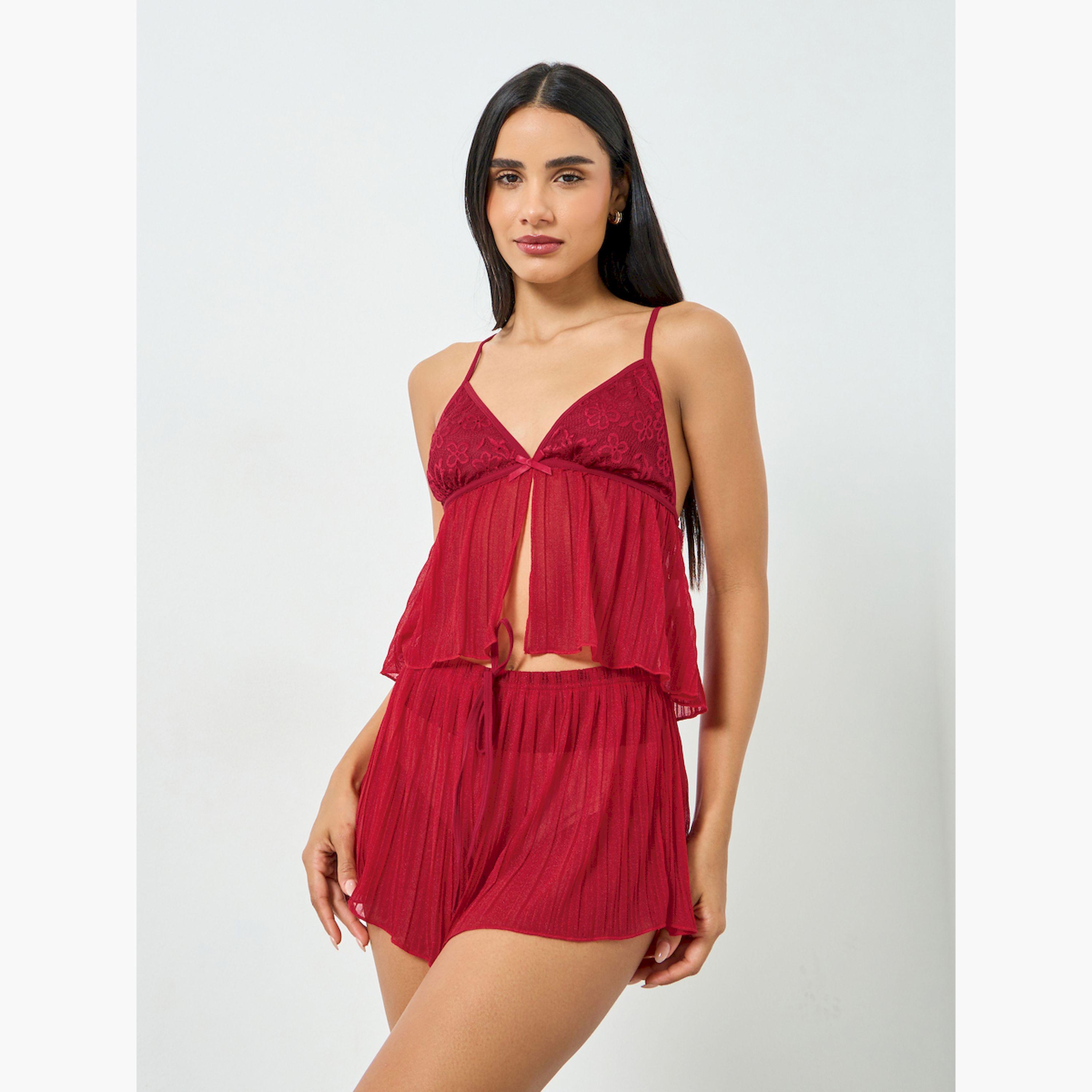 تيك تو × ستايلي - طقم بلوزة وشورت دانتيل لون برغندي-women-clothing-nightwear-pyjamas-shortsets-image-5