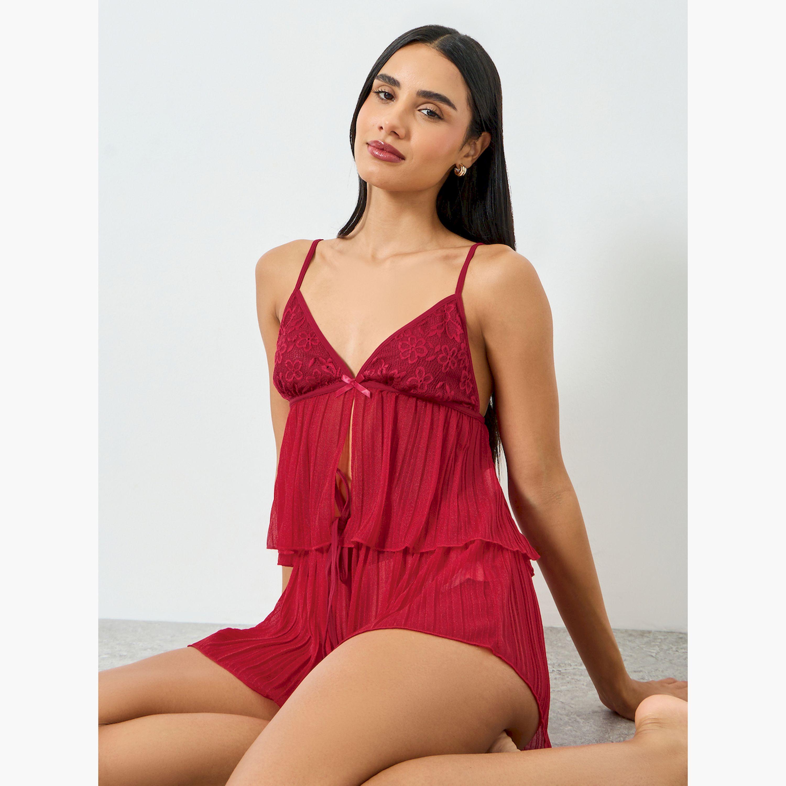 تيك تو × ستايلي - طقم بلوزة وشورت دانتيل لون برغندي-women-clothing-nightwear-pyjamas-shortsets-image-2