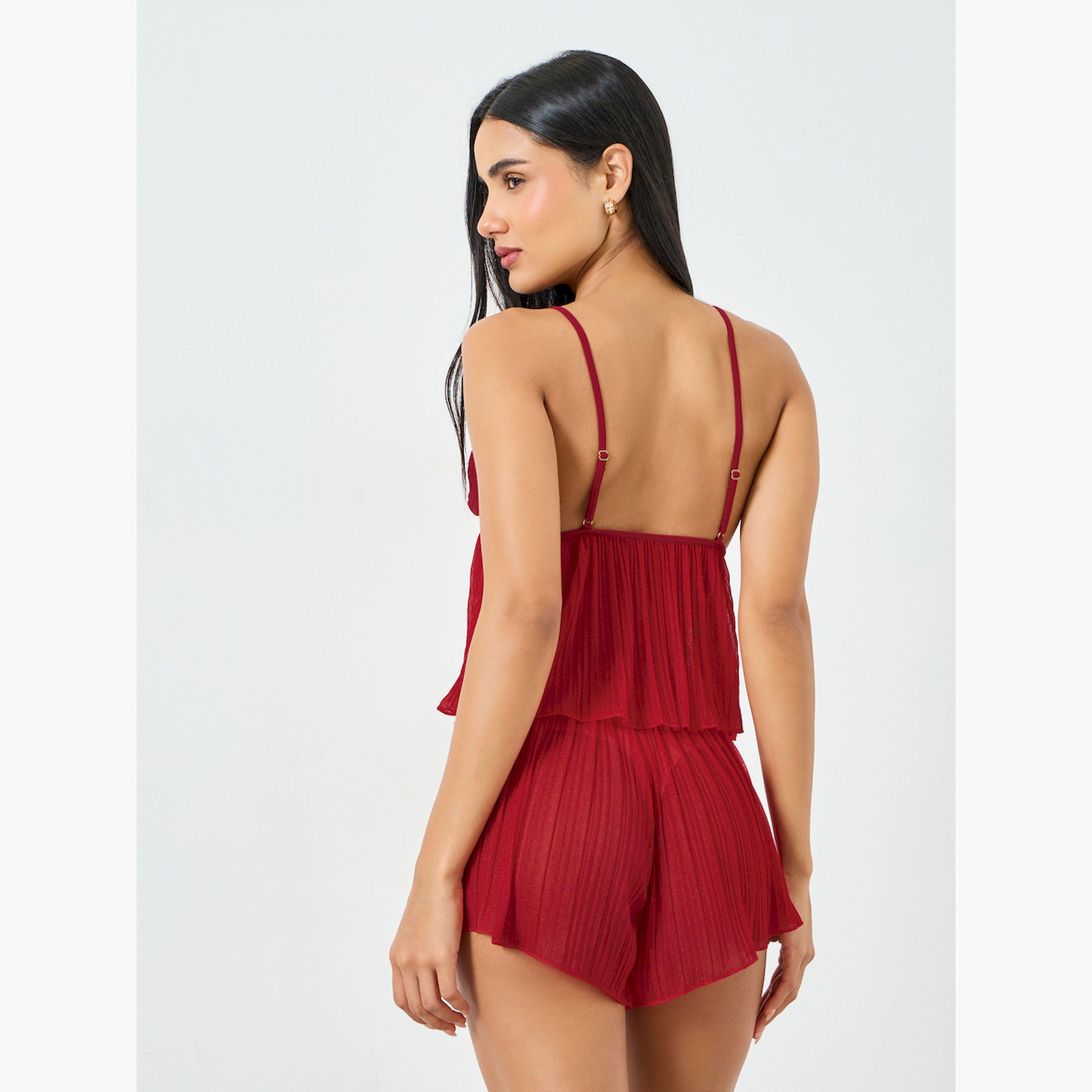 تيك تو × ستايلي - طقم بلوزة وشورت دانتيل لون برغندي-women-clothing-nightwear-pyjamas-shortsets-image-3