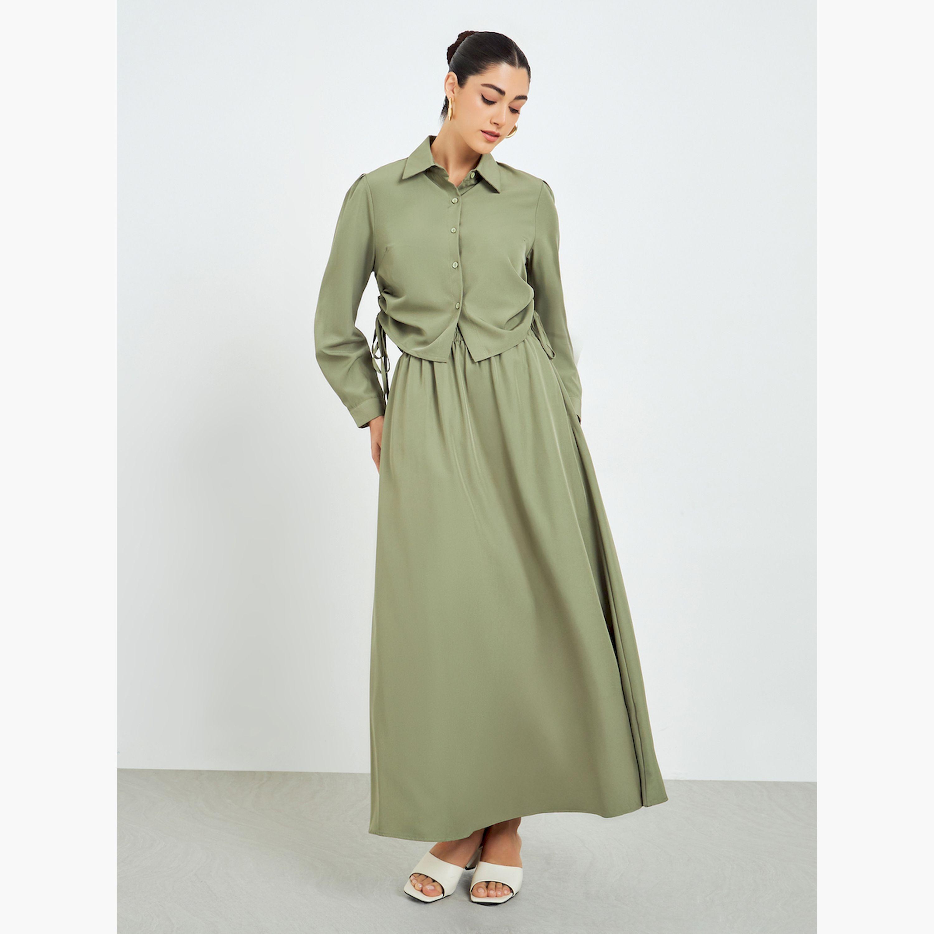 Styli Women Ruched Shirt and Maxi Skirt Modest Set-women-arabicclothing-sets-image-1