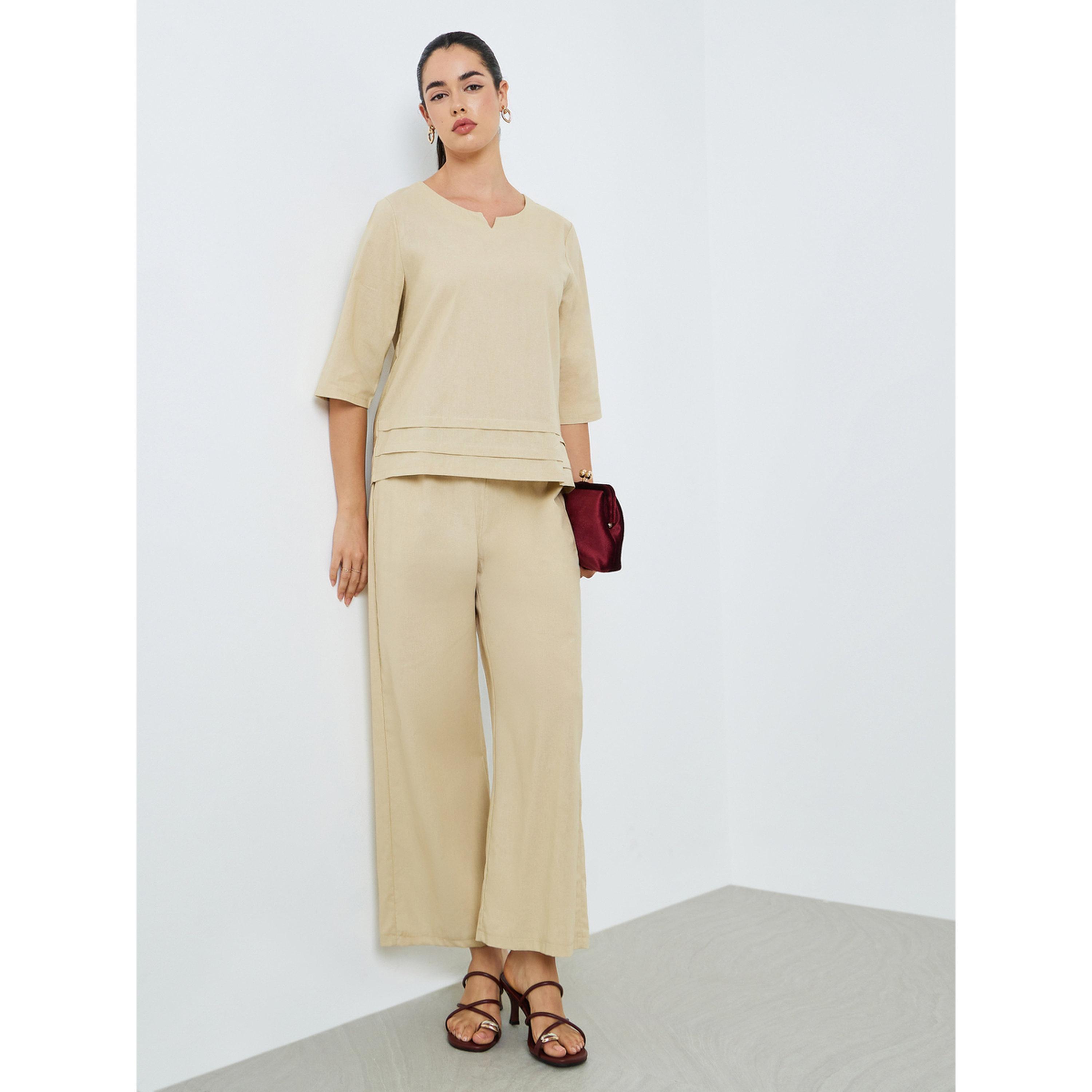 طقم من بلوزة بطيات وبنطال واسع محتشم-women-arabicclothing-sets-image-2