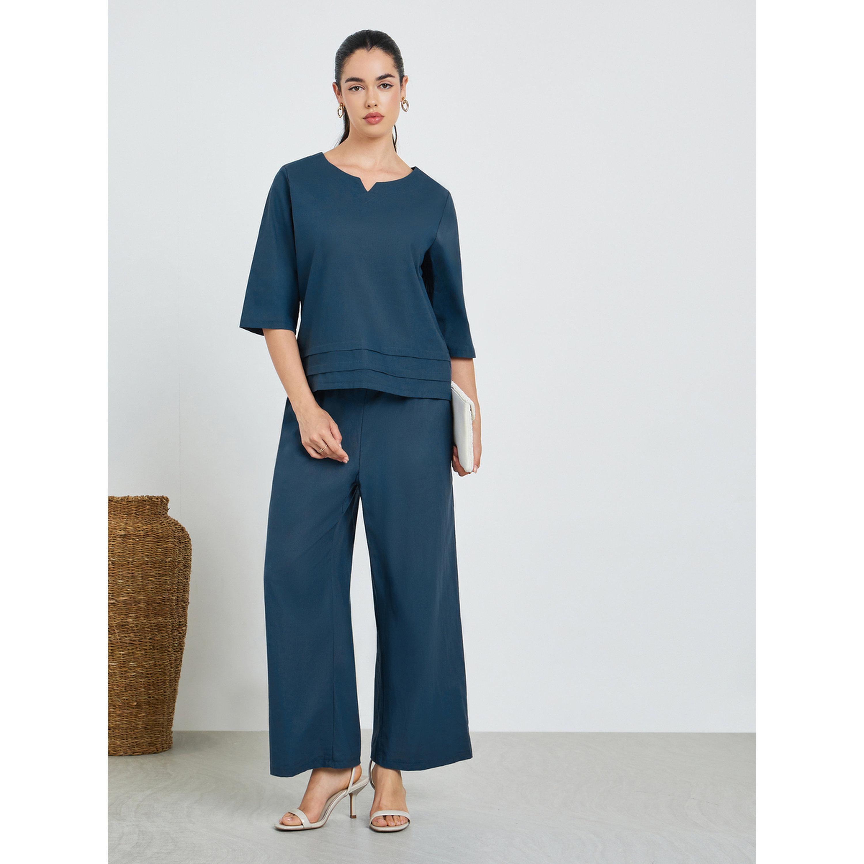Styli Women Fold Pleat Top and Wide Leg Modest Set-women-arabicclothing-sets-image-2