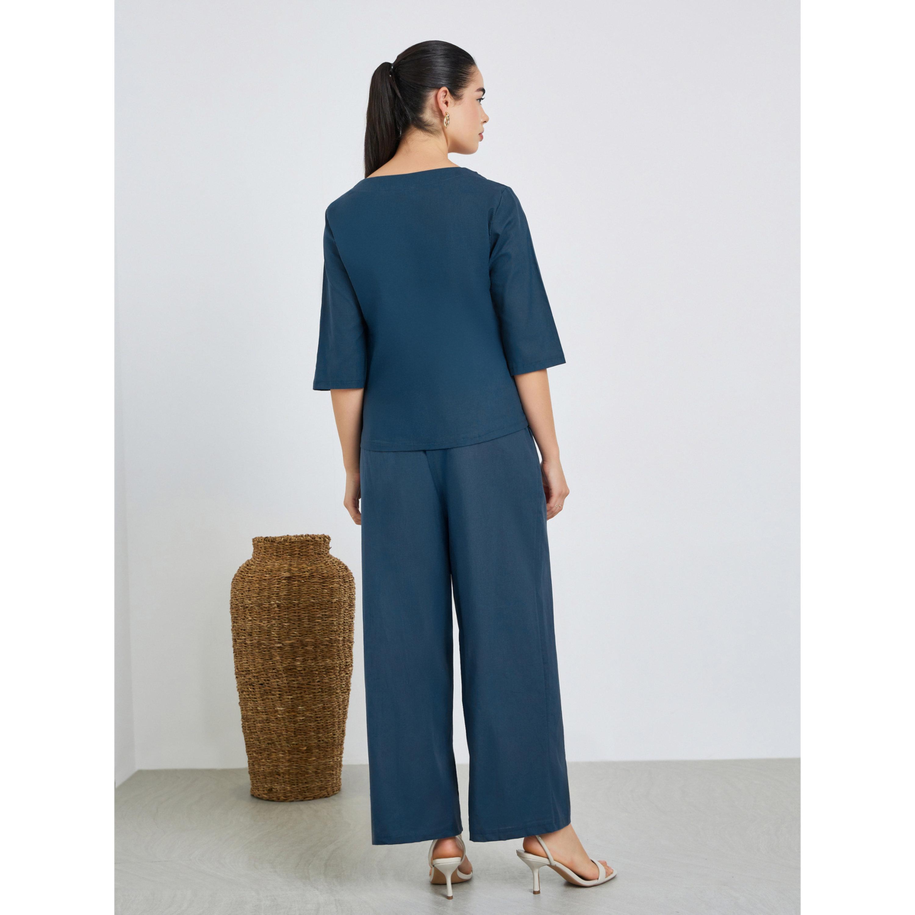 طقم من بلوزة بطيات وبنطال واسع محتشم-women-arabicclothing-sets-image-5