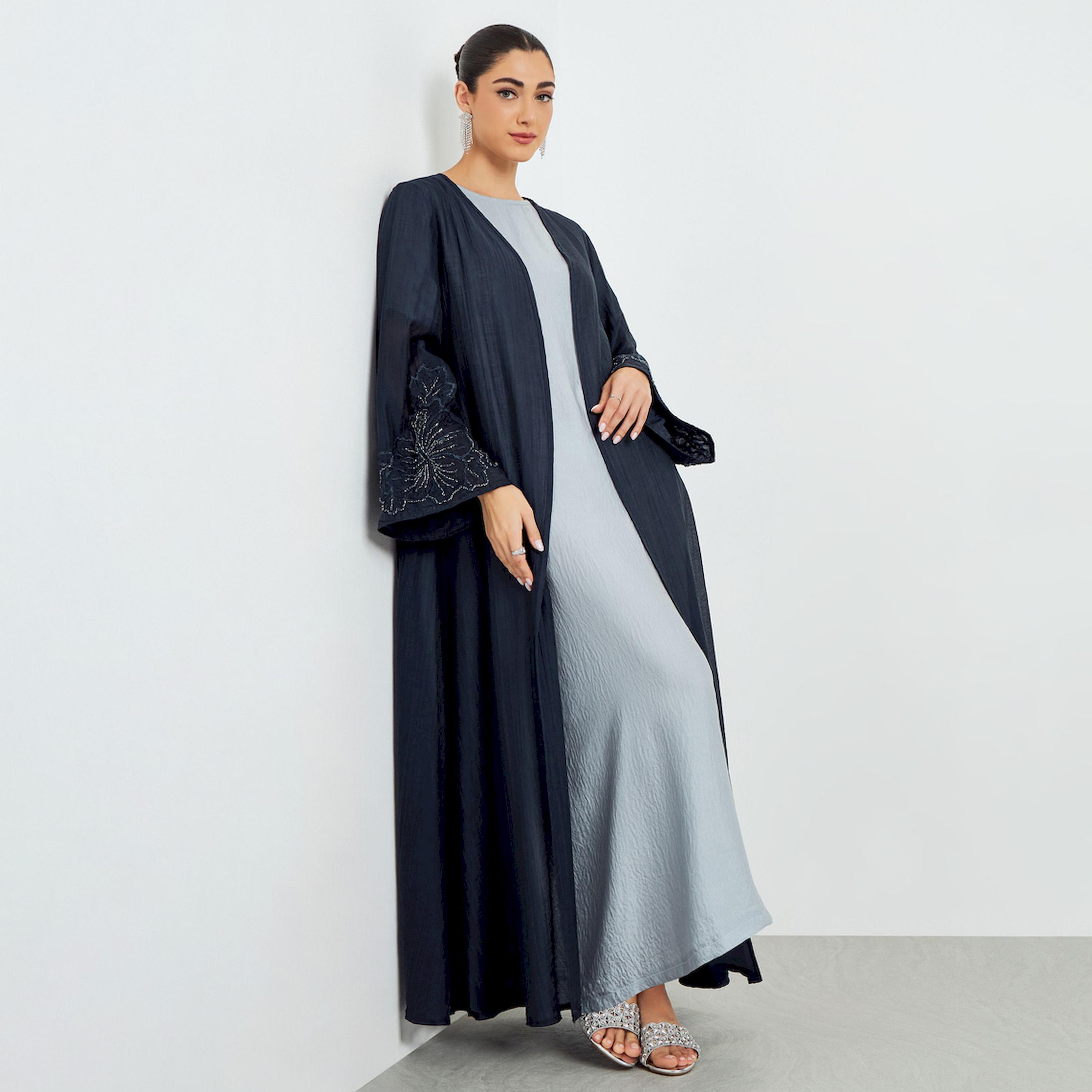 Styli Navy Blue Embroidered Sleeve A-Line Abaya-women-arabicclothing-abayas-image-1