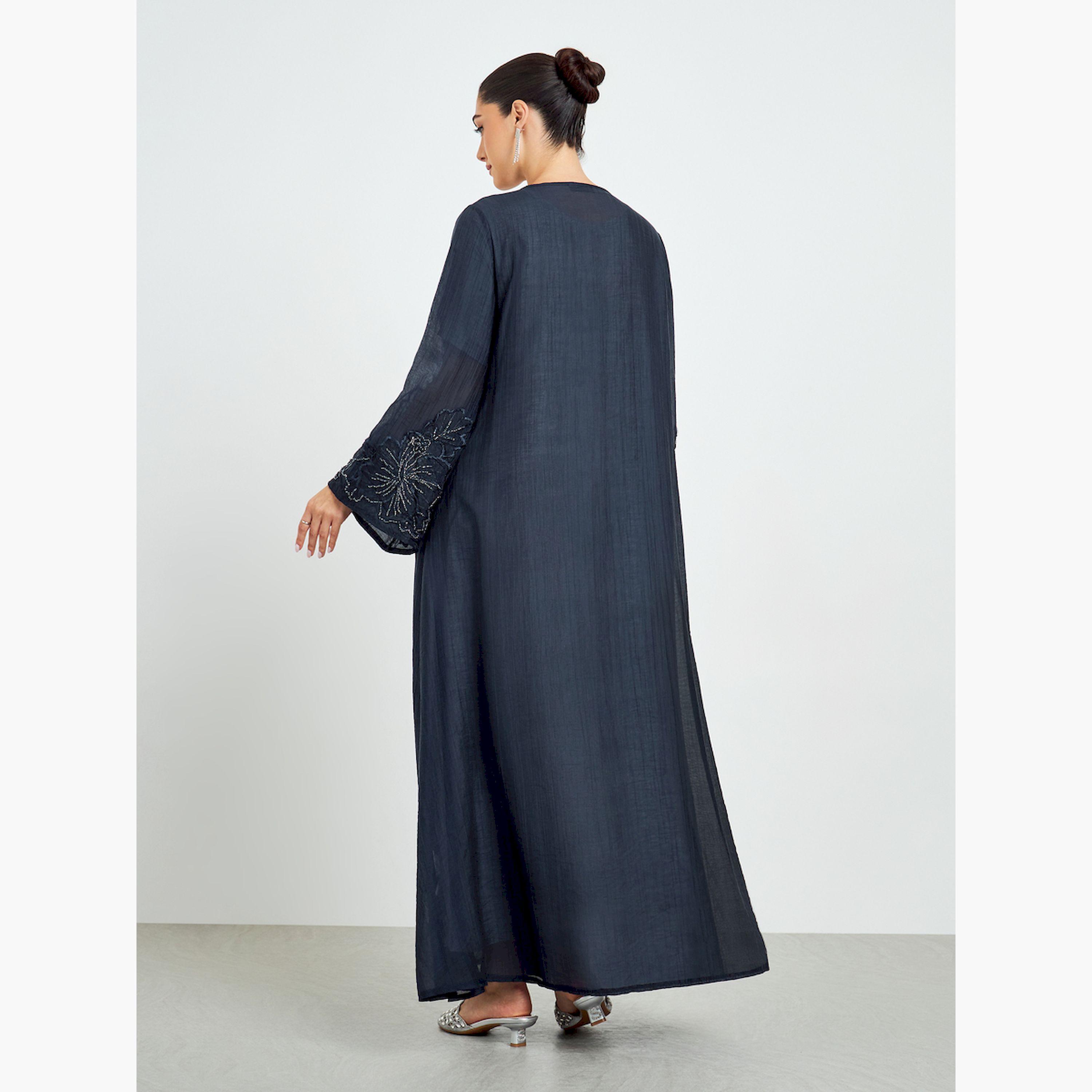 Styli Navy Blue Embroidered Sleeve A-Line Abaya-women-arabicclothing-abayas-image-4