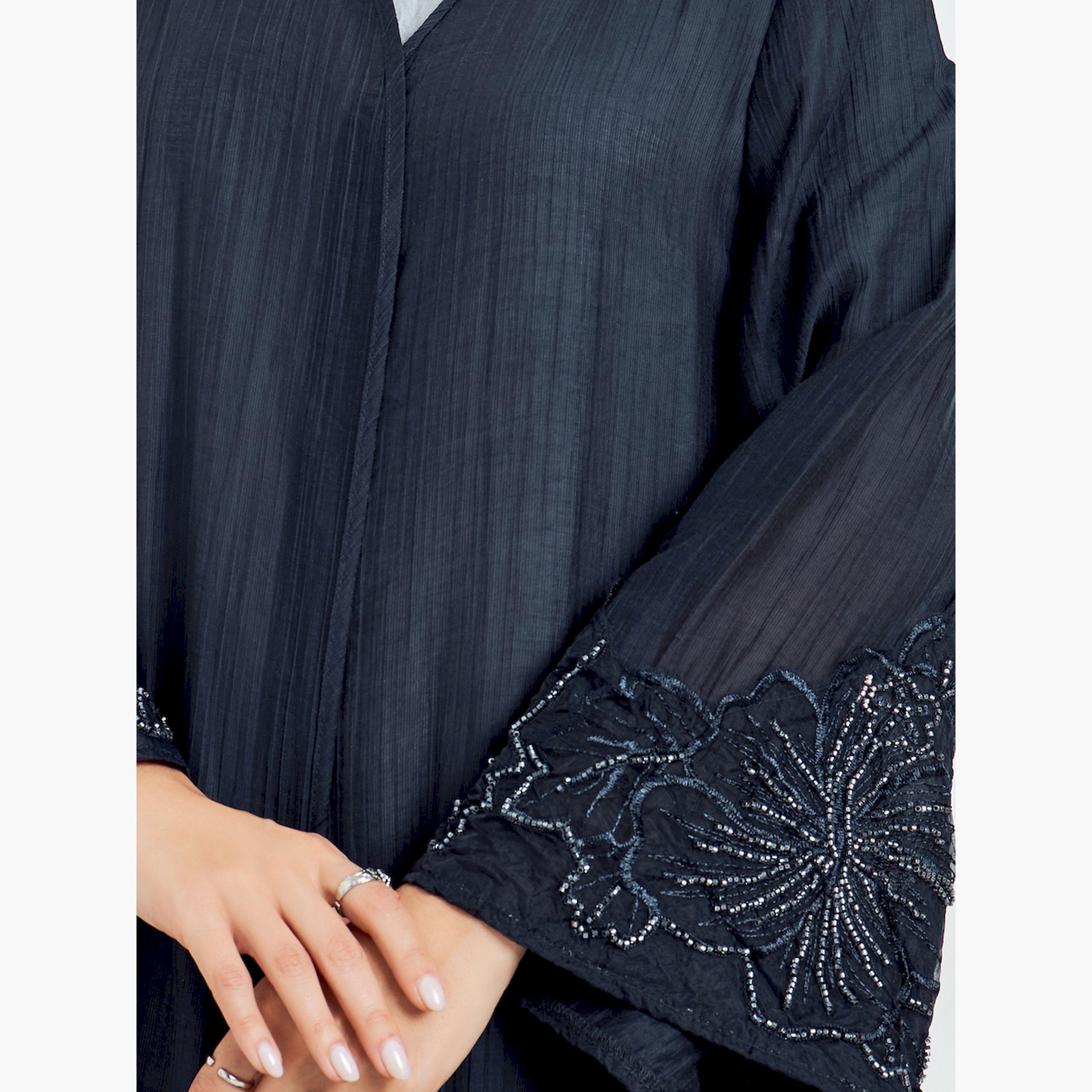 Styli Navy Blue Embroidered Sleeve A-Line Abaya-women-arabicclothing-abayas-image-5