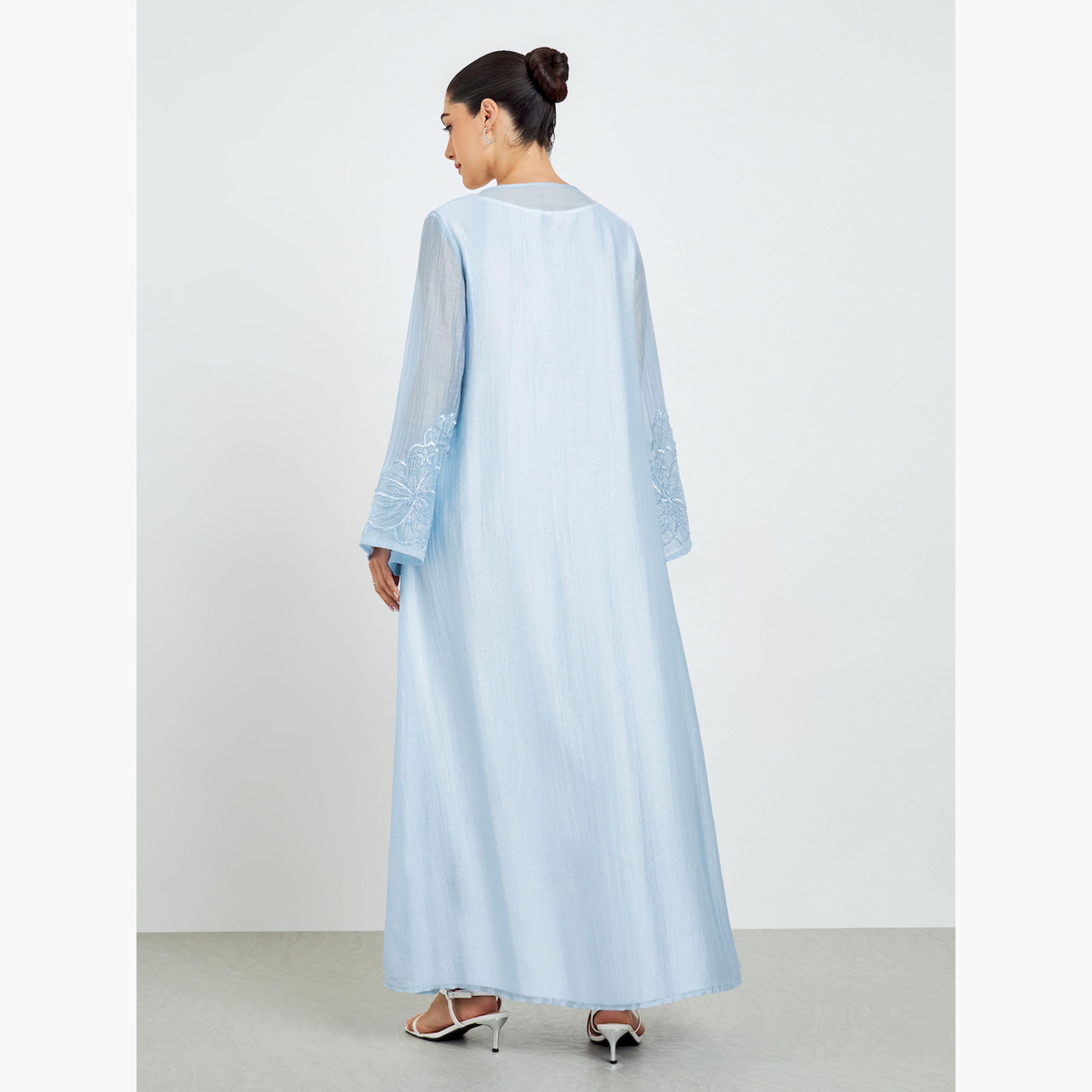 Styli Blue Embroidered Sleeve A-Line Abaya-women-arabicclothing-abayas-image-4