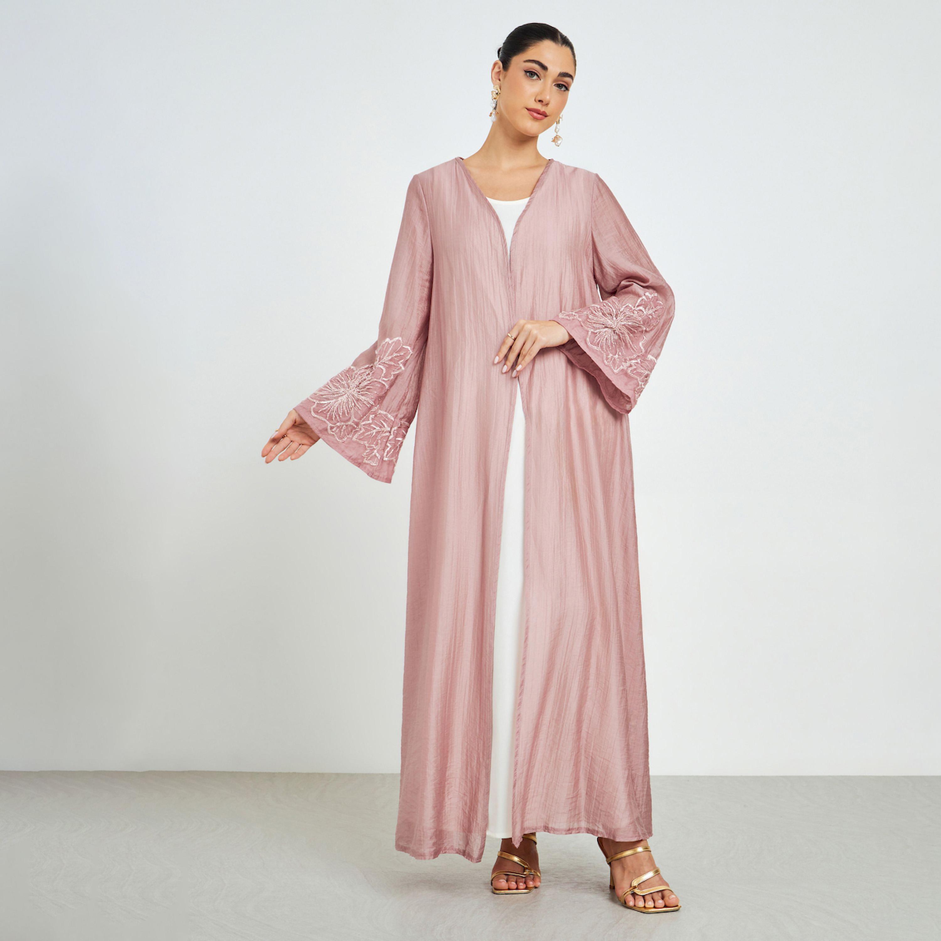 Styli Light Pink Embroidered Sleeve A-Line Abaya-women-arabicclothing-abayas-image-1