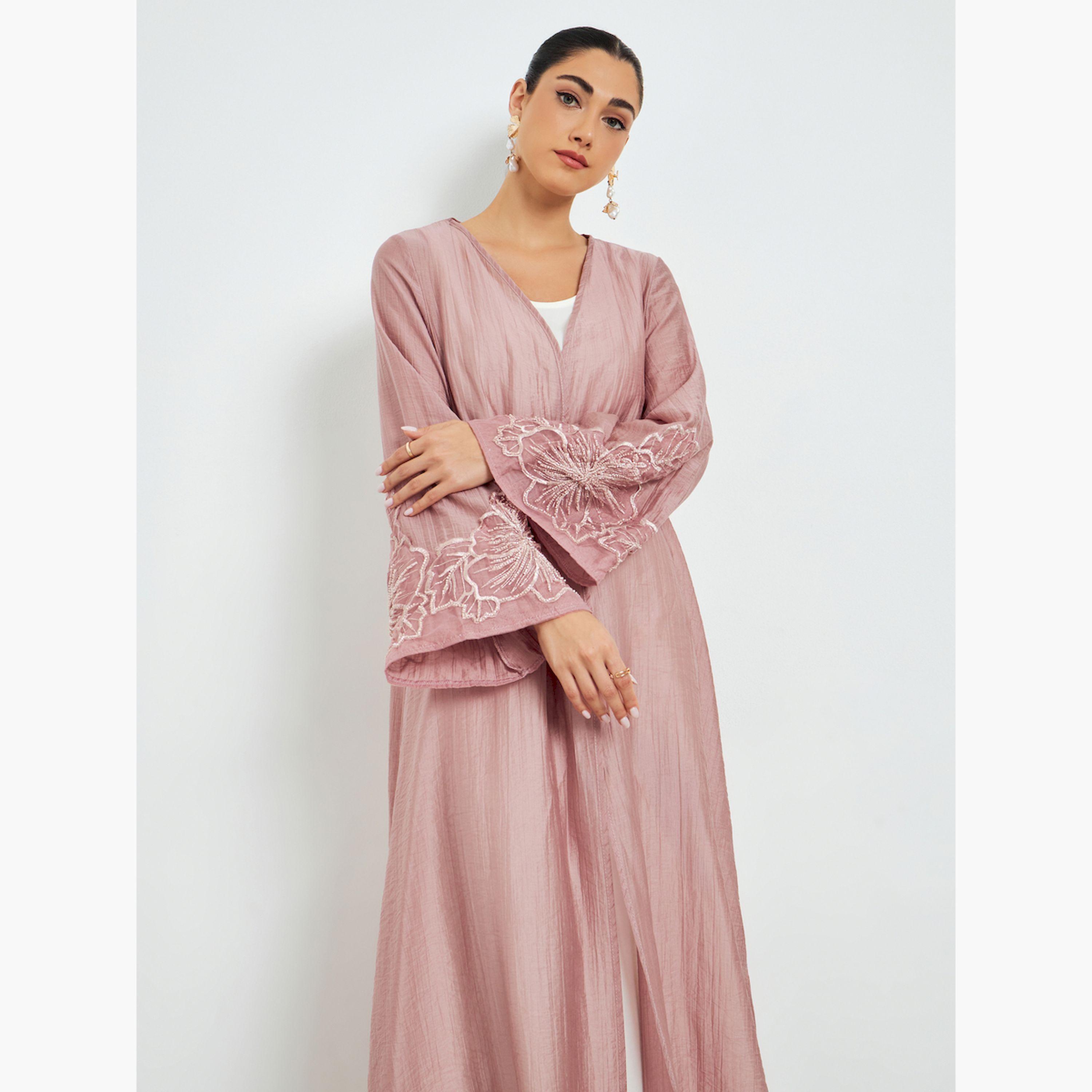 Styli Light Pink Embroidered Sleeve A-Line Abaya-women-arabicclothing-abayas-image-2