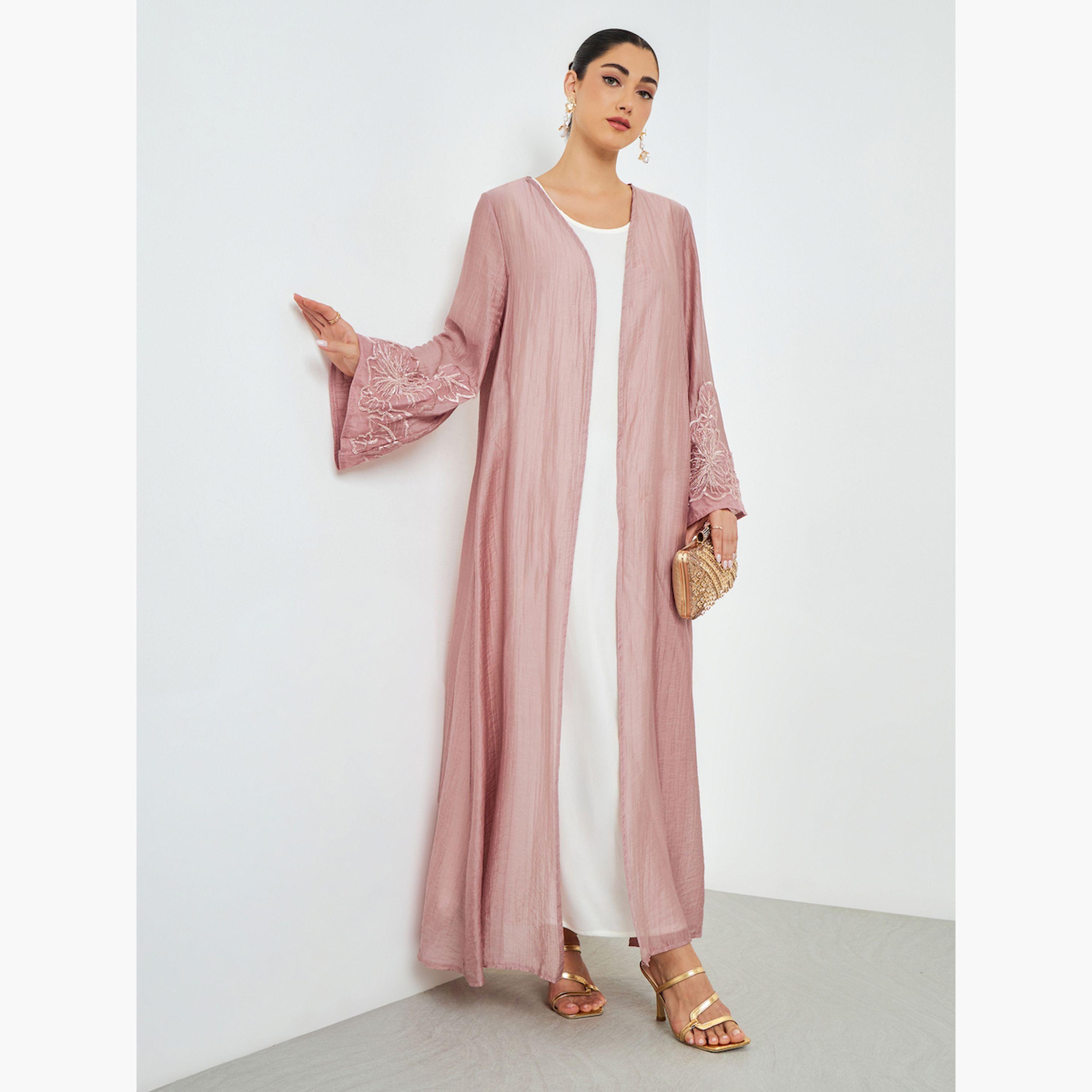 Styli Light Pink Embroidered Sleeve A-Line Abaya-women-arabicclothing-abayas-image-3
