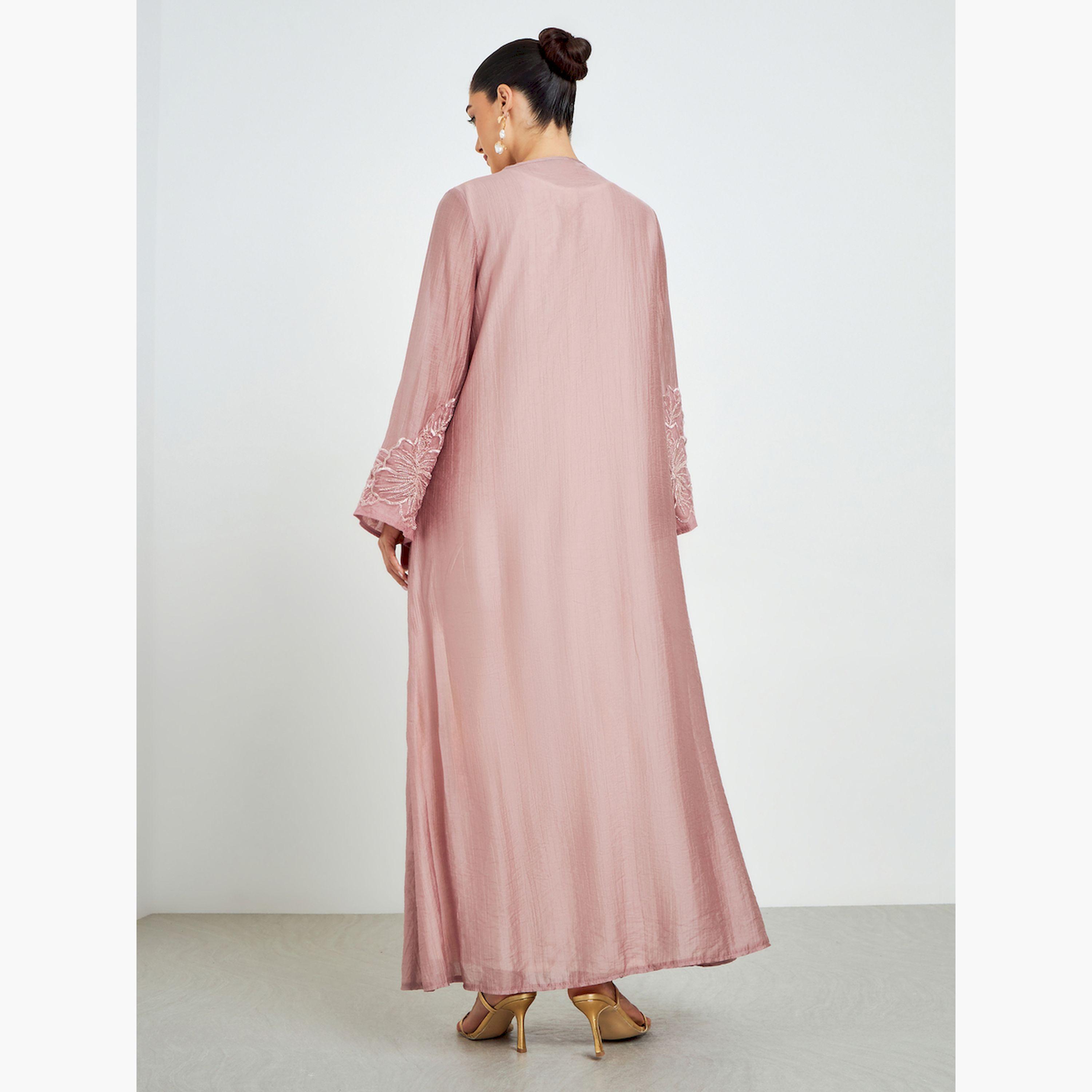 Styli Light Pink Embroidered Sleeve A-Line Abaya-women-arabicclothing-abayas-image-4