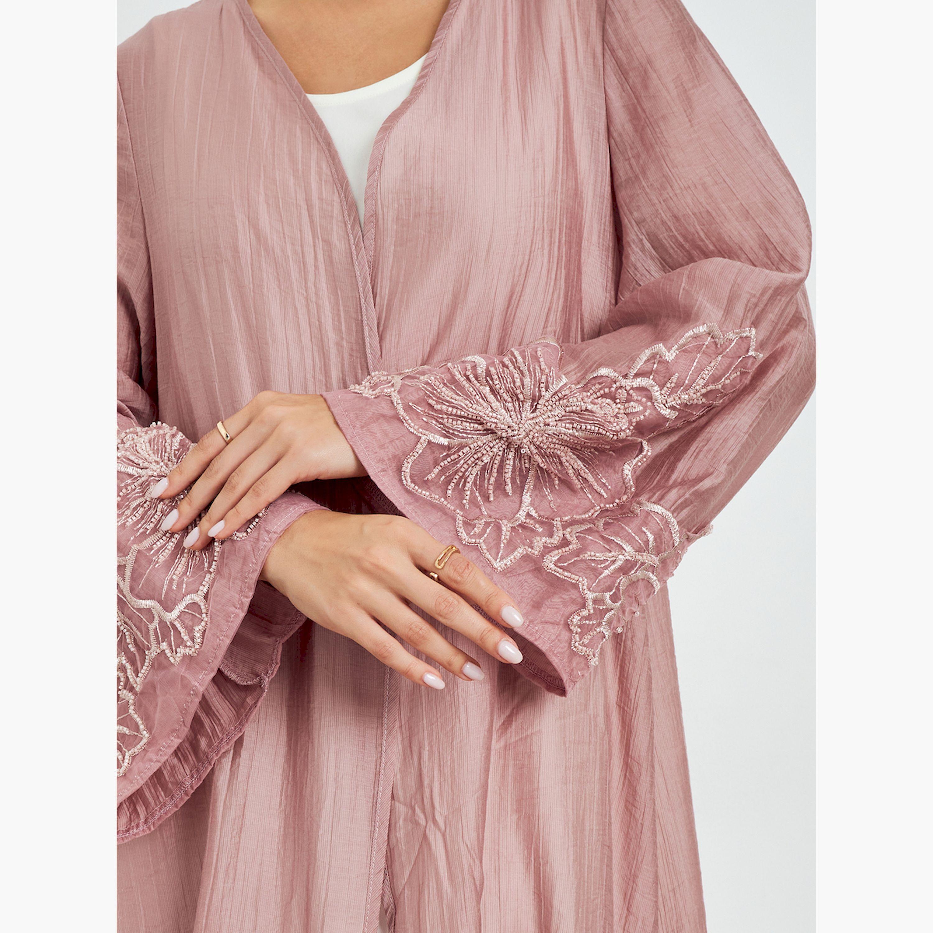 Styli Light Pink Embroidered Sleeve A-Line Abaya-women-arabicclothing-abayas-image-5