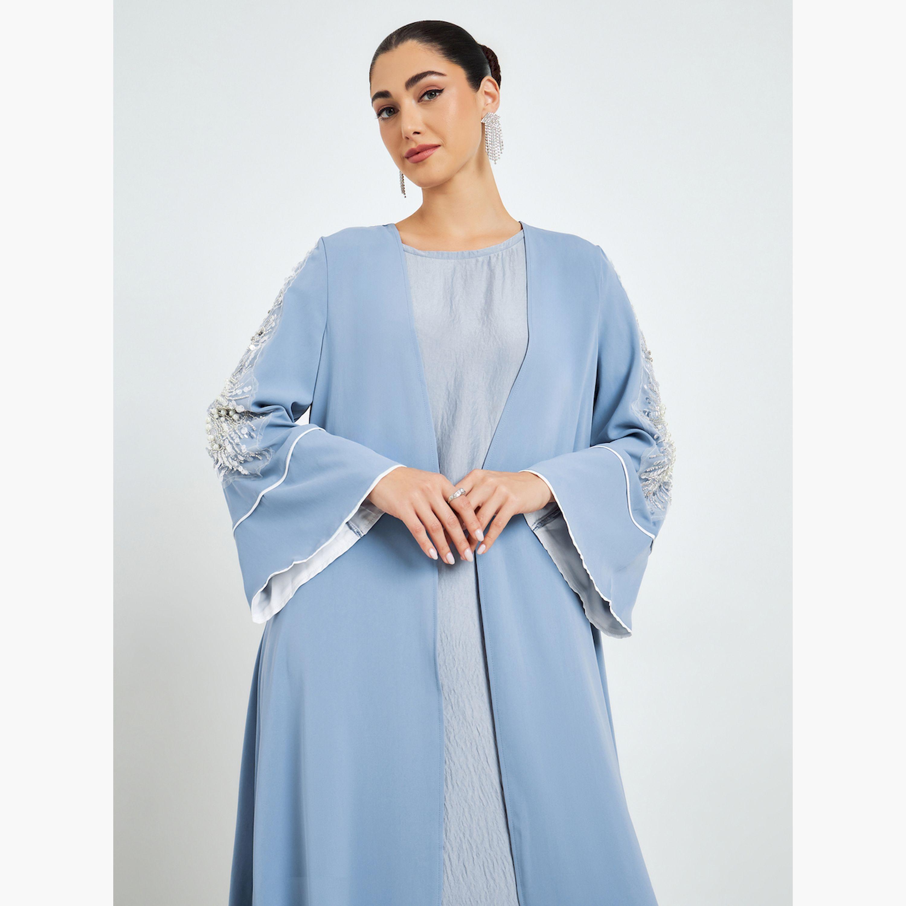 Styli Blue Embroidered Sleeve A-Line Abaya-women-arabicclothing-abayas-image-2