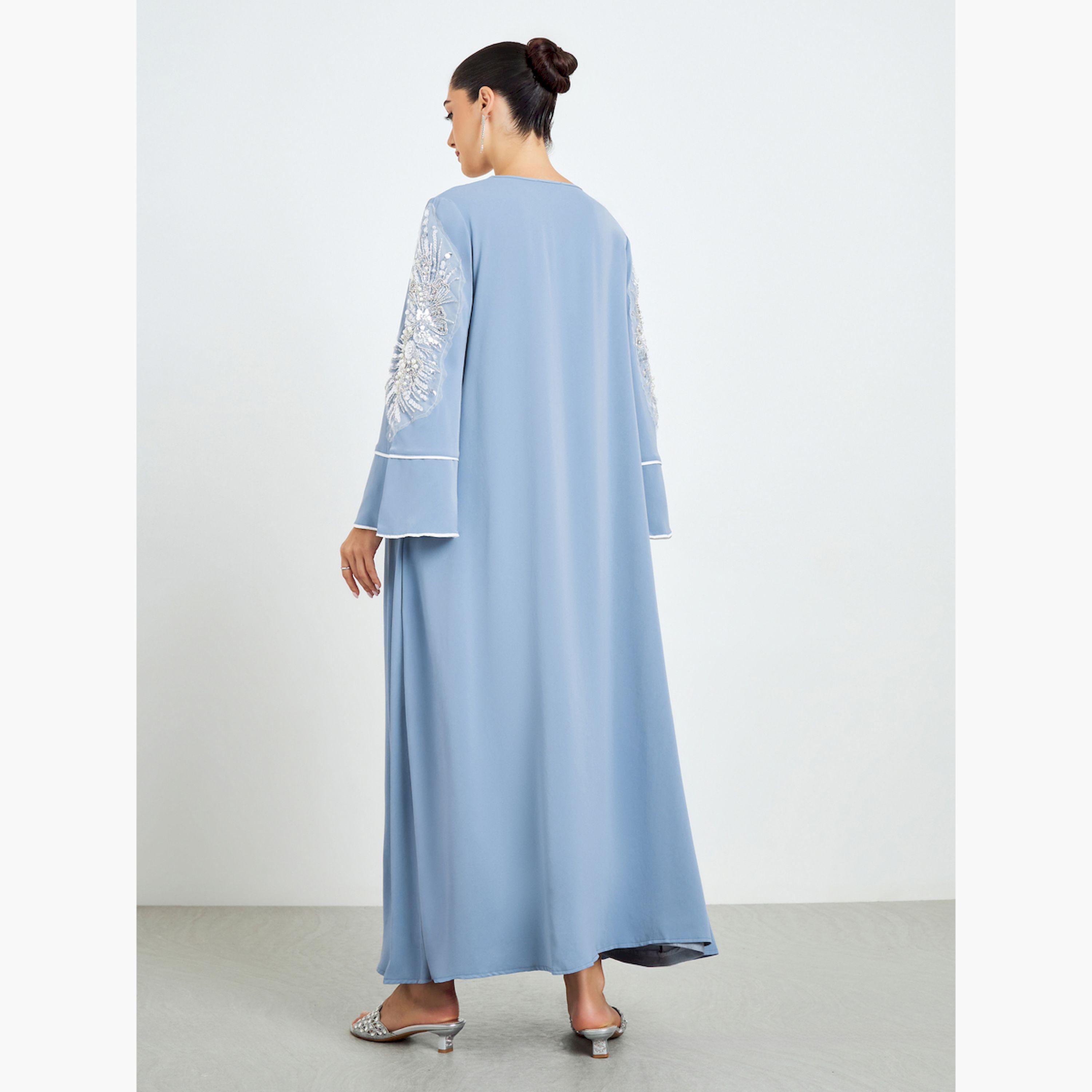 Styli Blue Embroidered Sleeve A-Line Abaya-women-arabicclothing-abayas-image-3