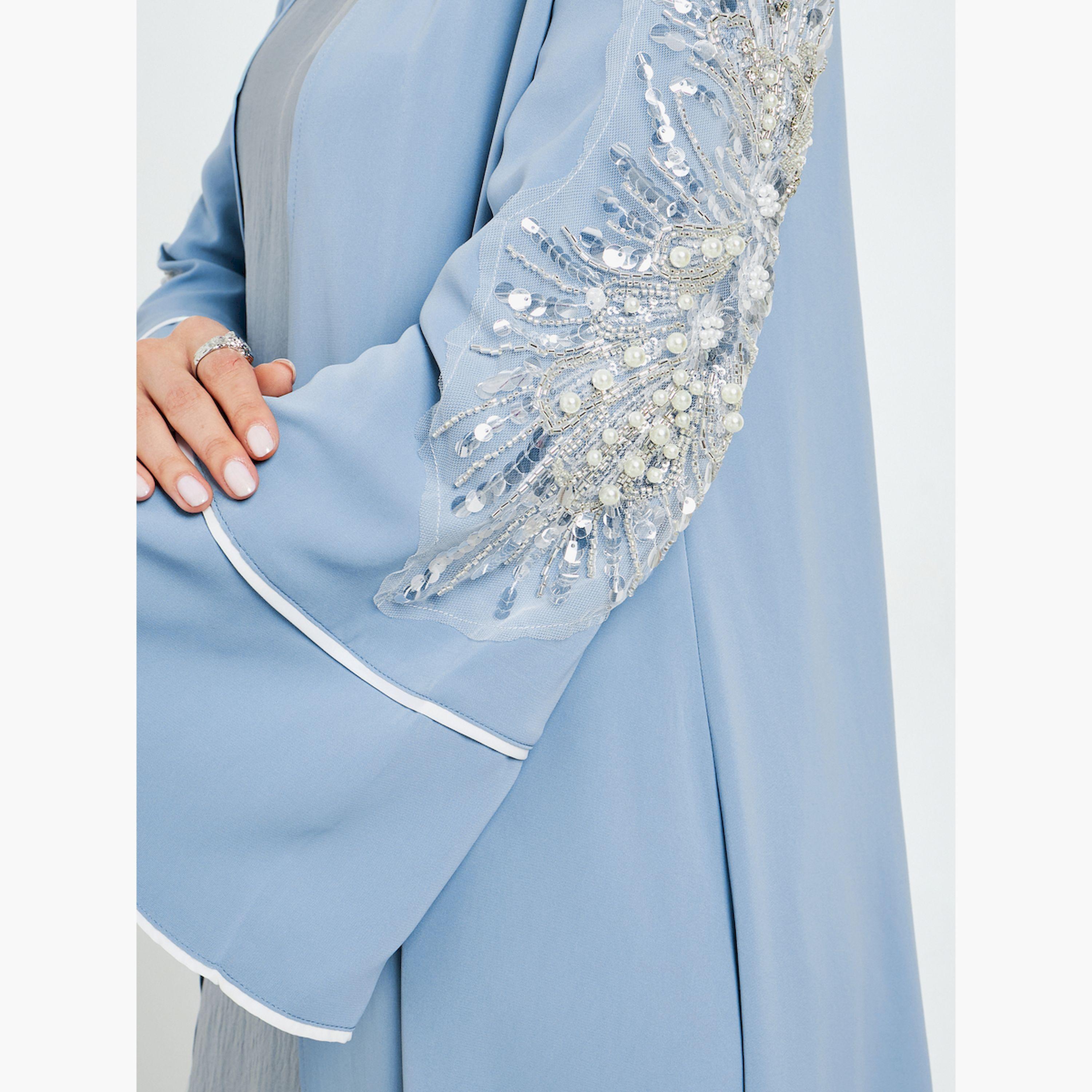 Styli Blue Embroidered Sleeve A-Line Abaya-women-arabicclothing-abayas-image-4