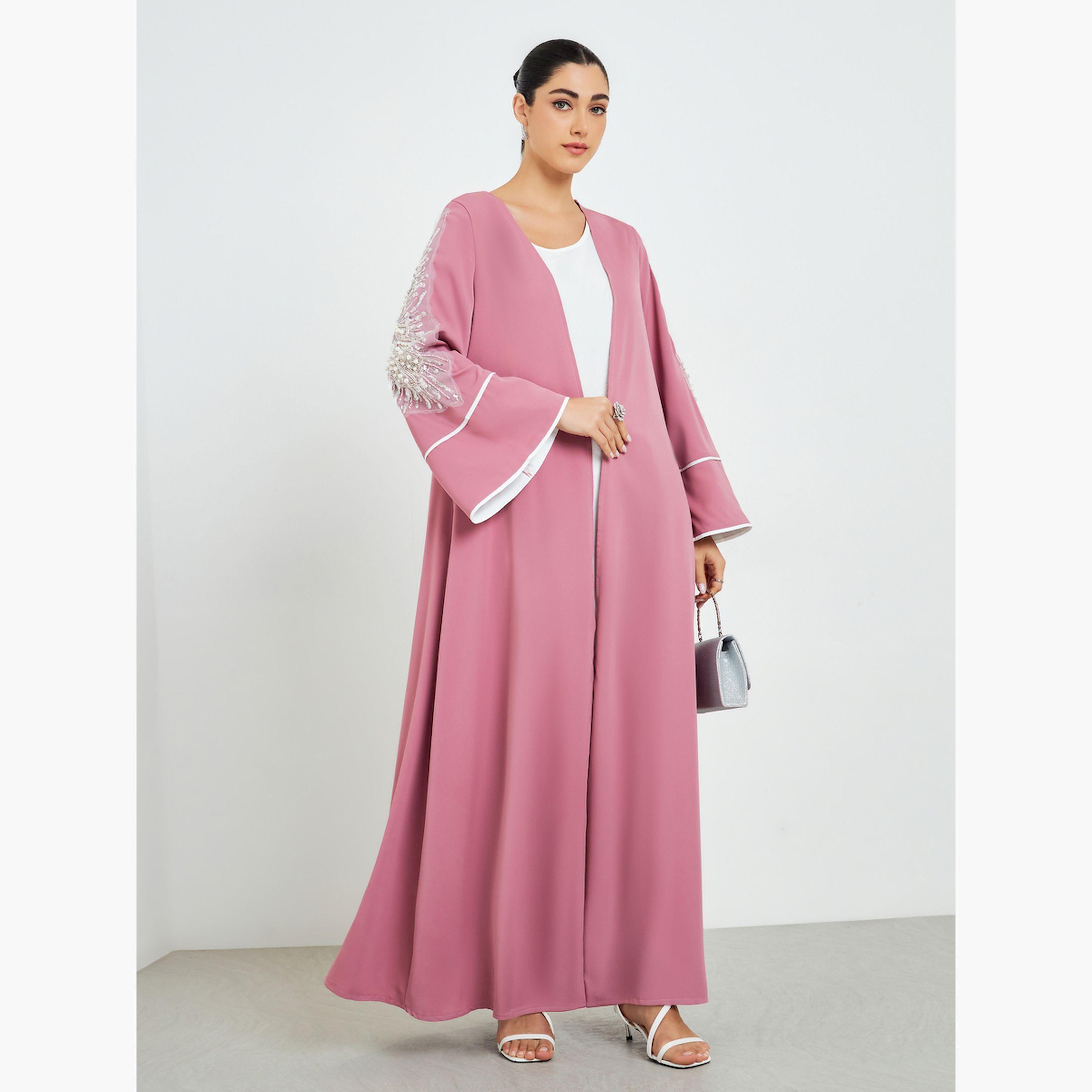 Styli Light Pink Embroidered Sleeve A-Line Abaya-women-arabicclothing-abayas-image-1