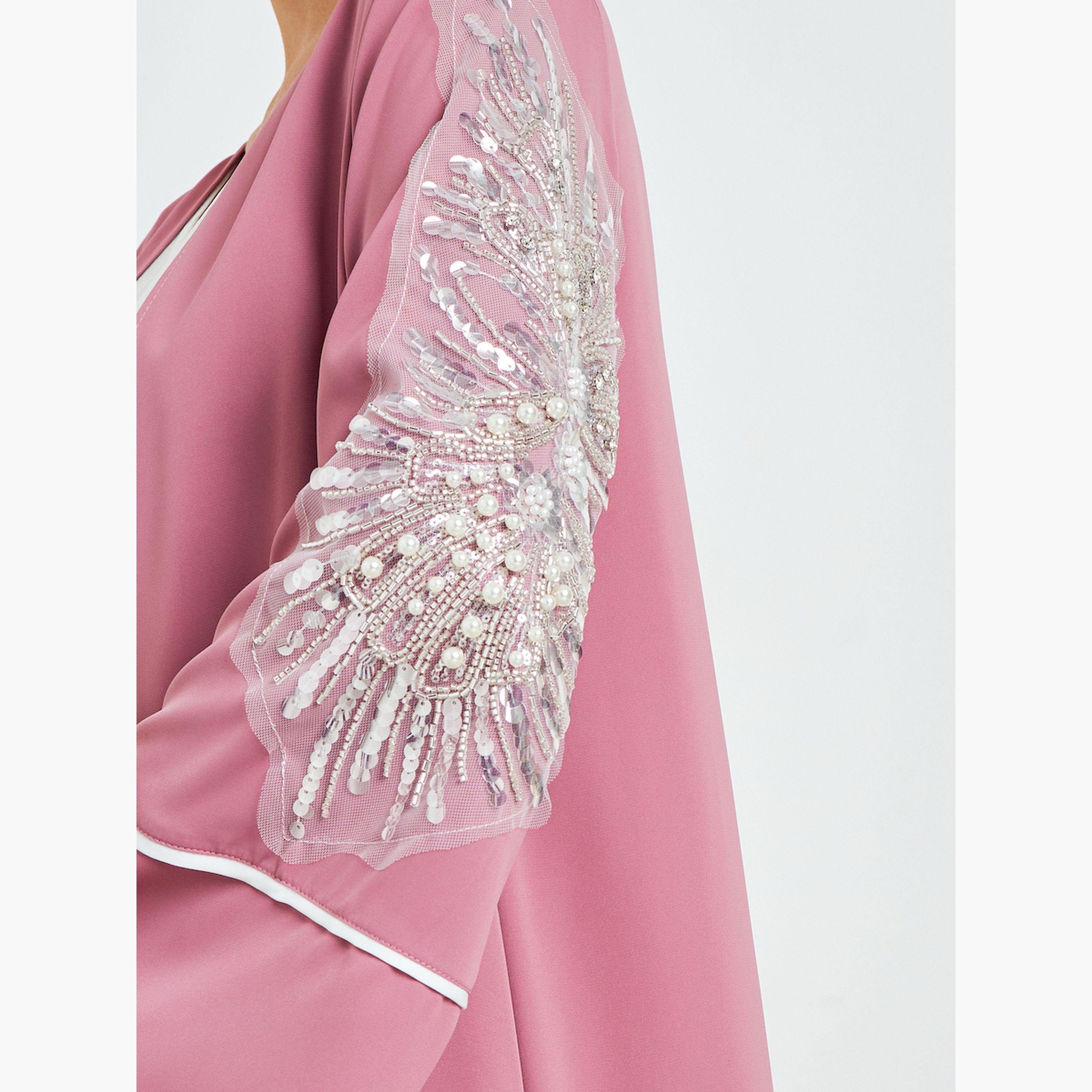 Styli Light Pink Embroidered Sleeve A-Line Abaya-women-arabicclothing-abayas-image-5