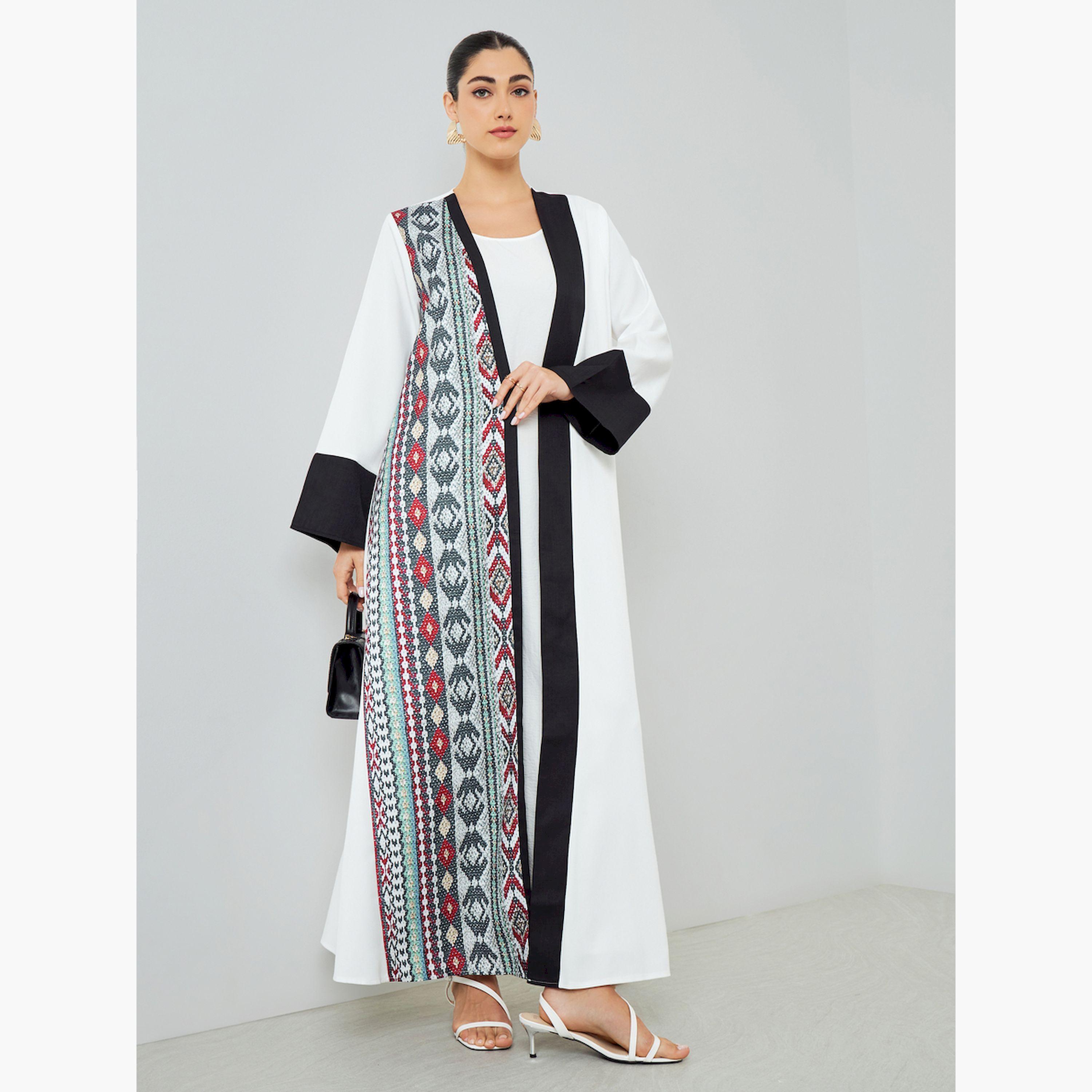 Styli White Open Front Abaya with Printed Panel-women-arabicclothing-abayas-image-3