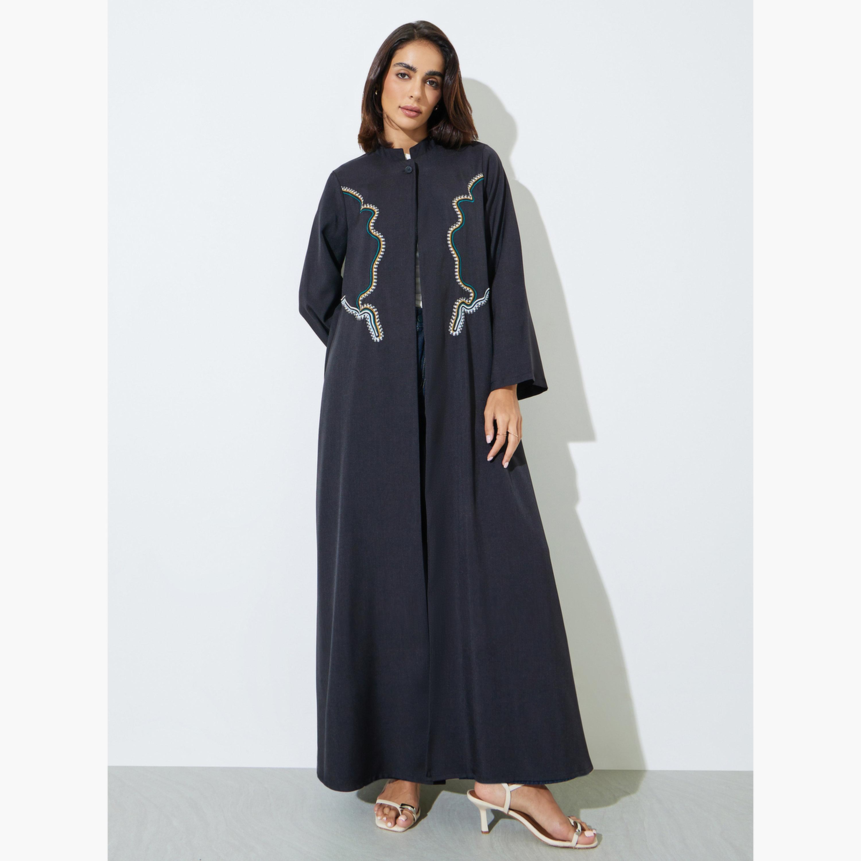 Amirah X Styli Black Stand Collar Abaya with Embroidery-women-arabicclothing-abayas-image-1