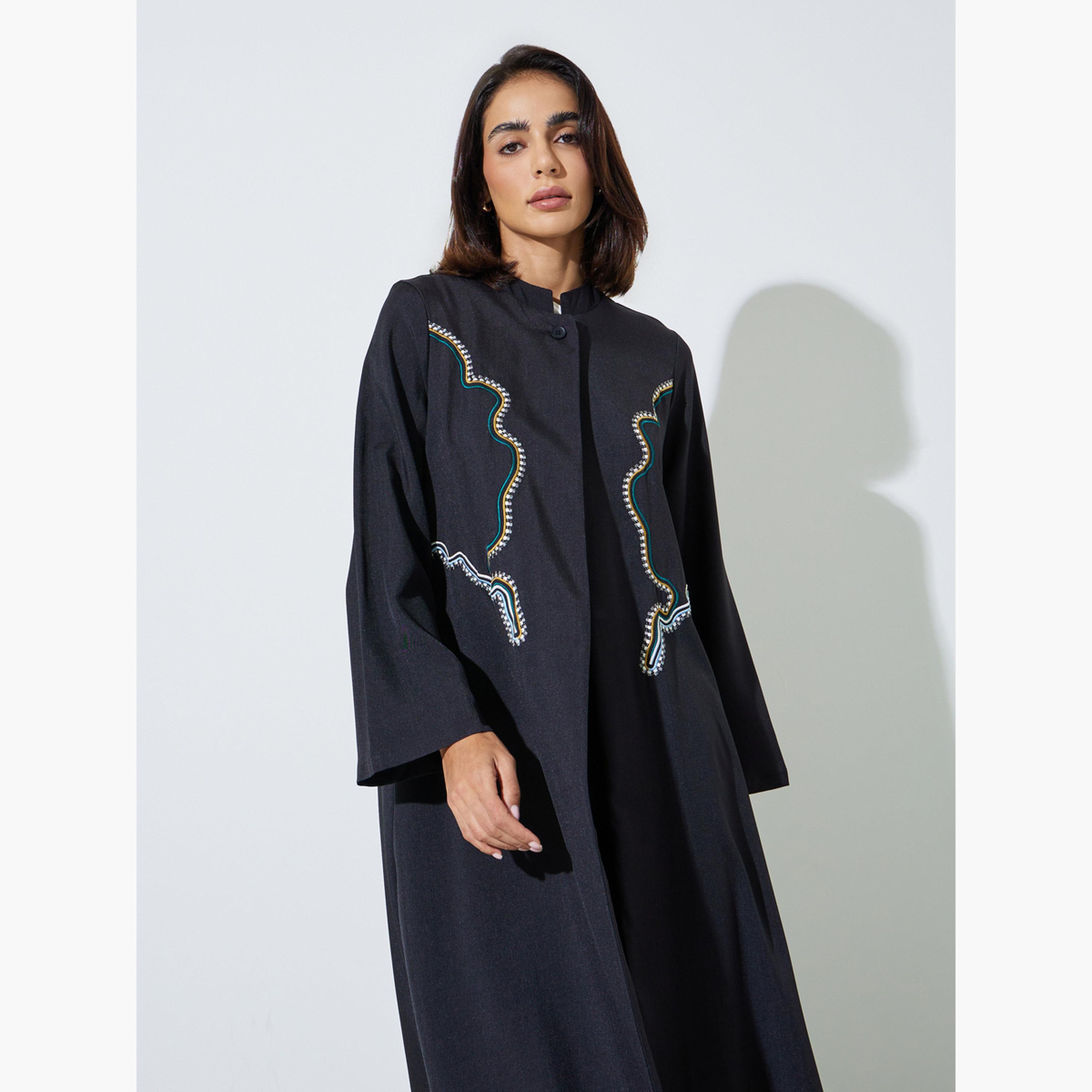 Amirah X Styli Black Stand Collar Abaya with Embroidery-women-arabicclothing-abayas-image-2