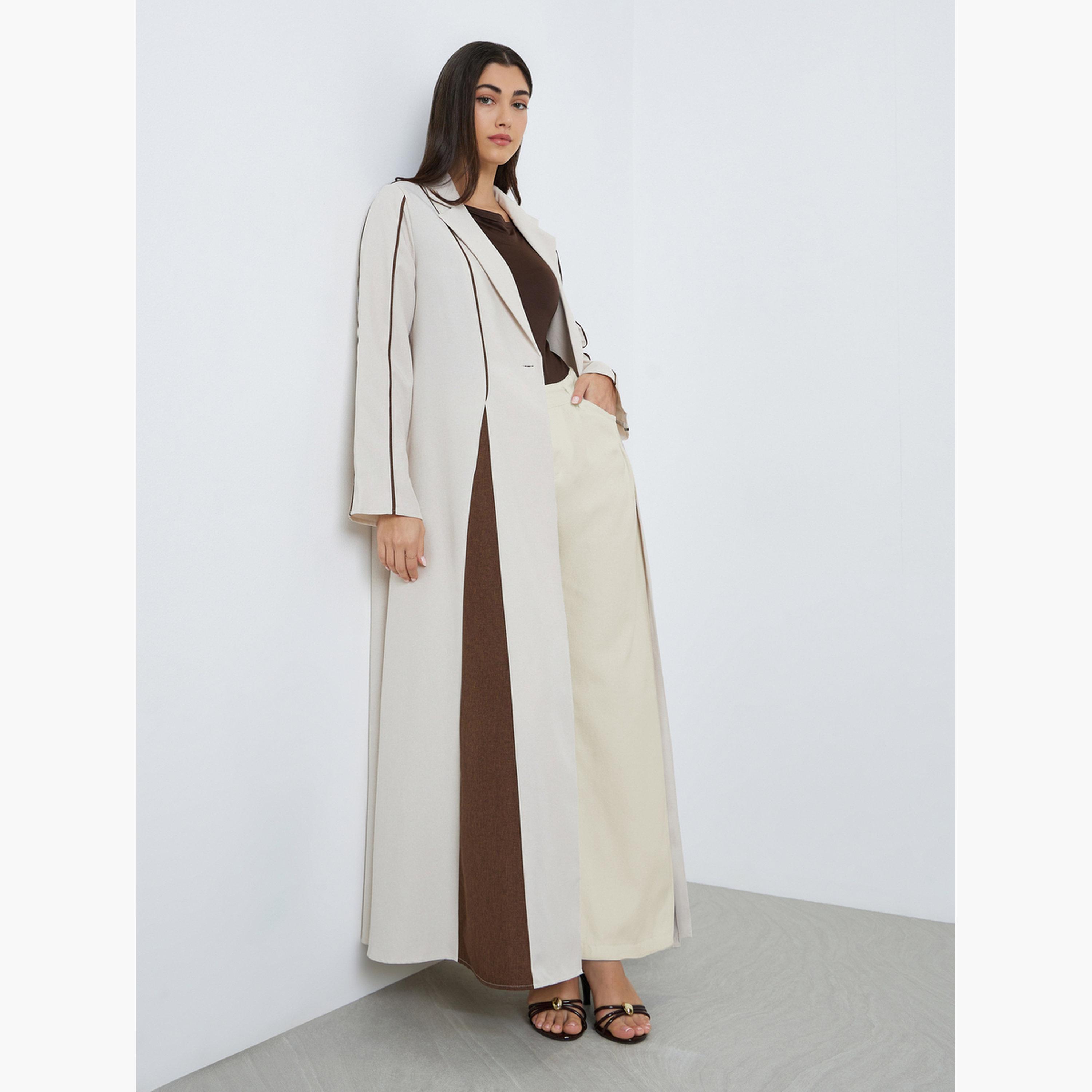 Styli Women Beige Color Block Collared Abaya-women-arabicclothing-abayas-image-2