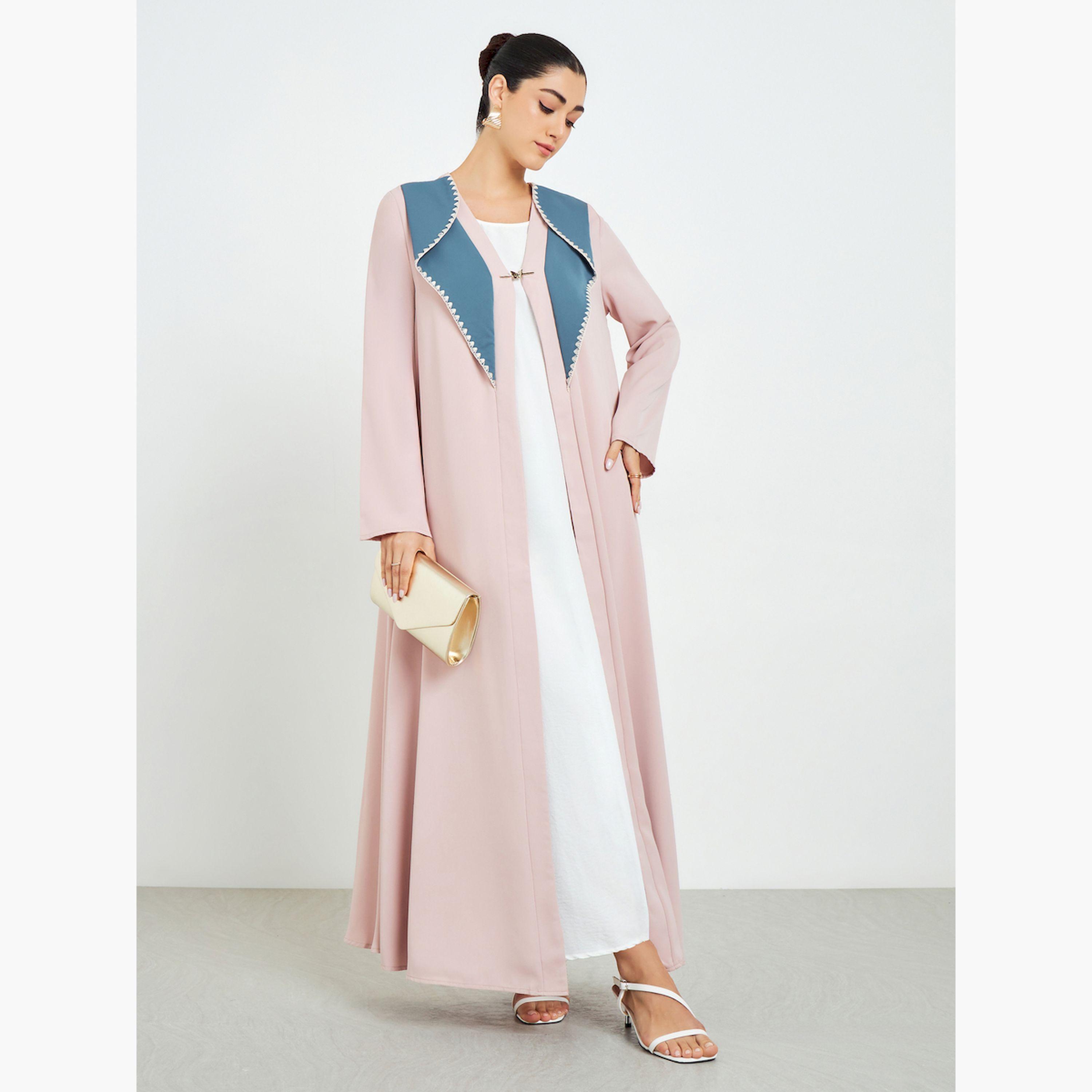 Styli Beige Color Block Open Front Abaya-women-arabicclothing-abayas-image-3