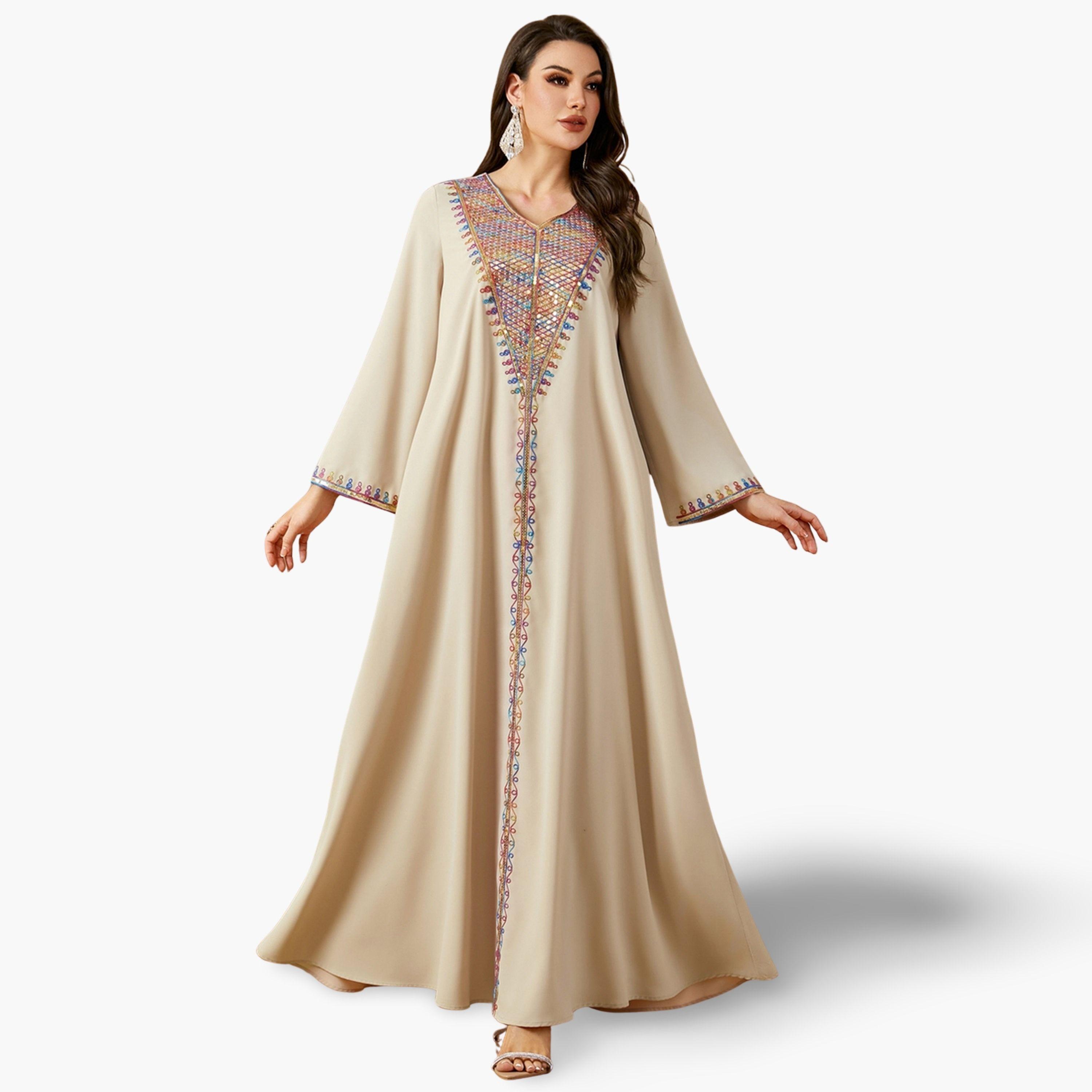 Take Two Women Beige Sequined Panel V Neck Jalabiya-women-arabicclothing-jalabiyas-image-1