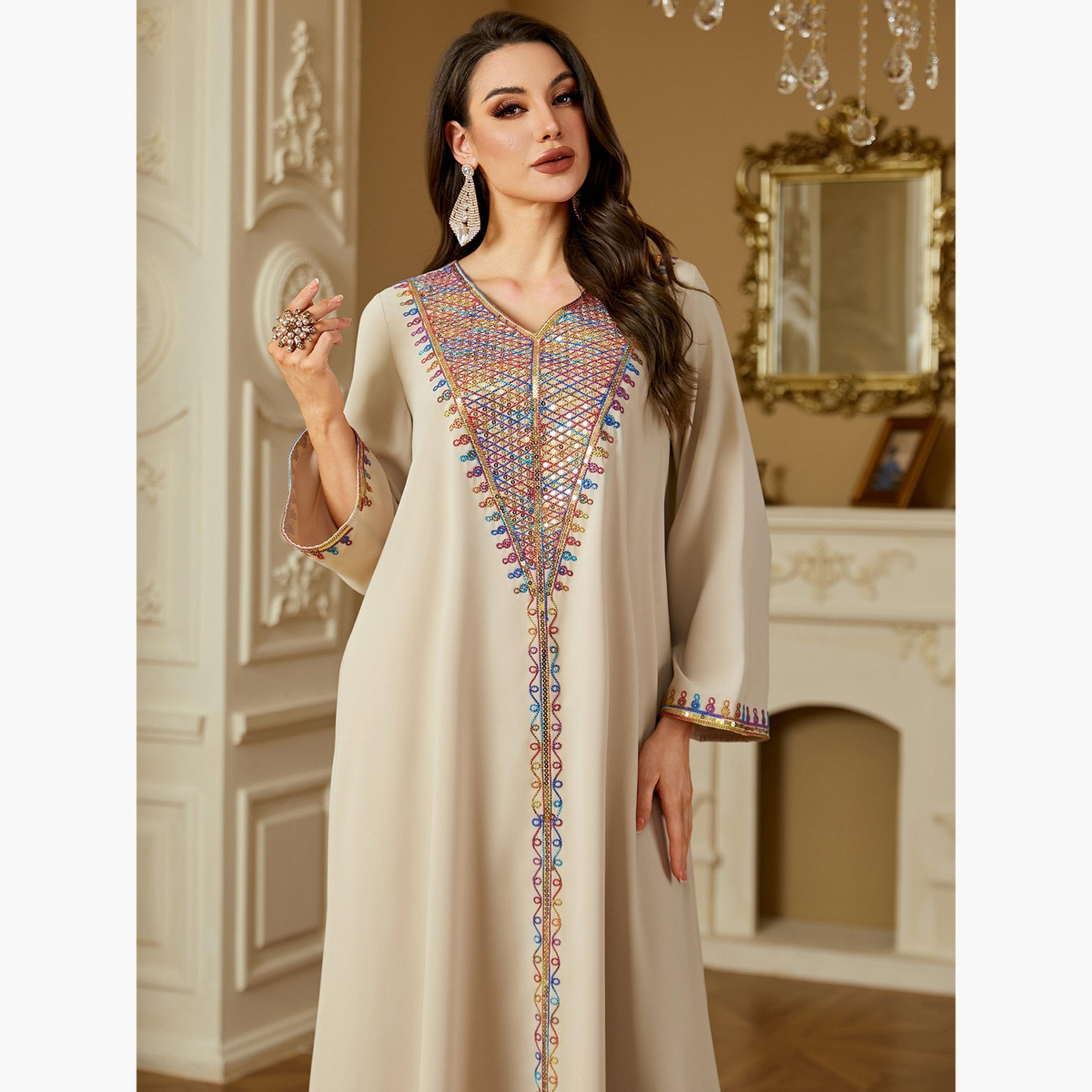 Take Two Women Beige Sequined Panel V Neck Jalabiya-women-arabicclothing-jalabiyas-image-2