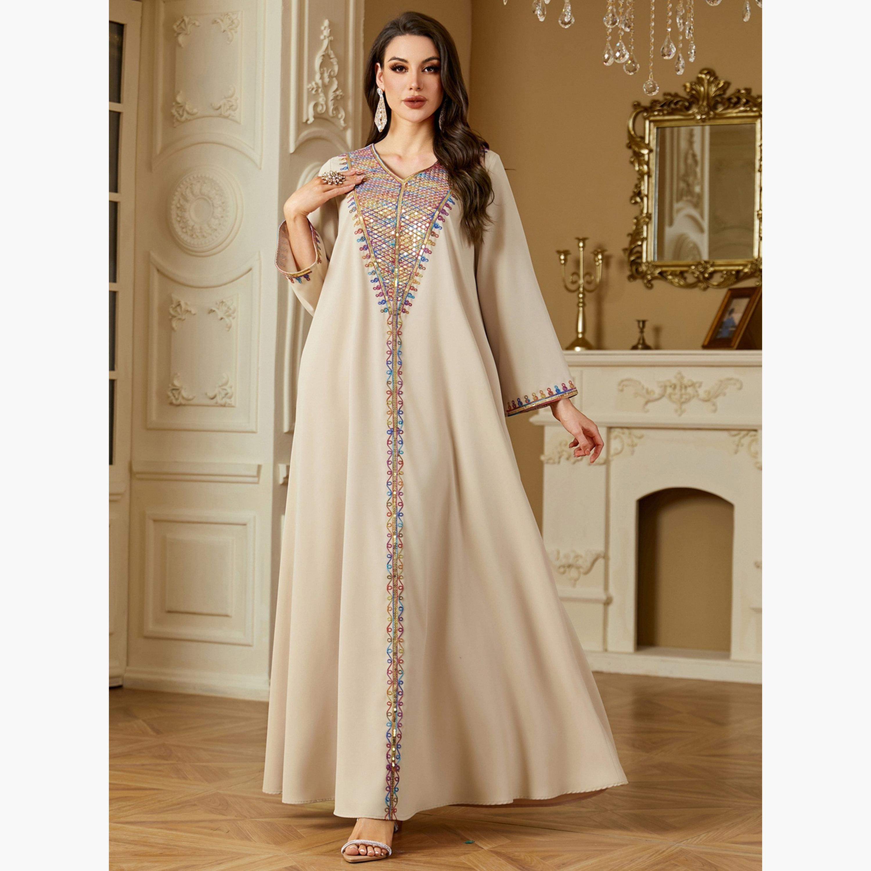 Take Two Women Beige Sequined Panel V Neck Jalabiya-women-arabicclothing-jalabiyas-image-3