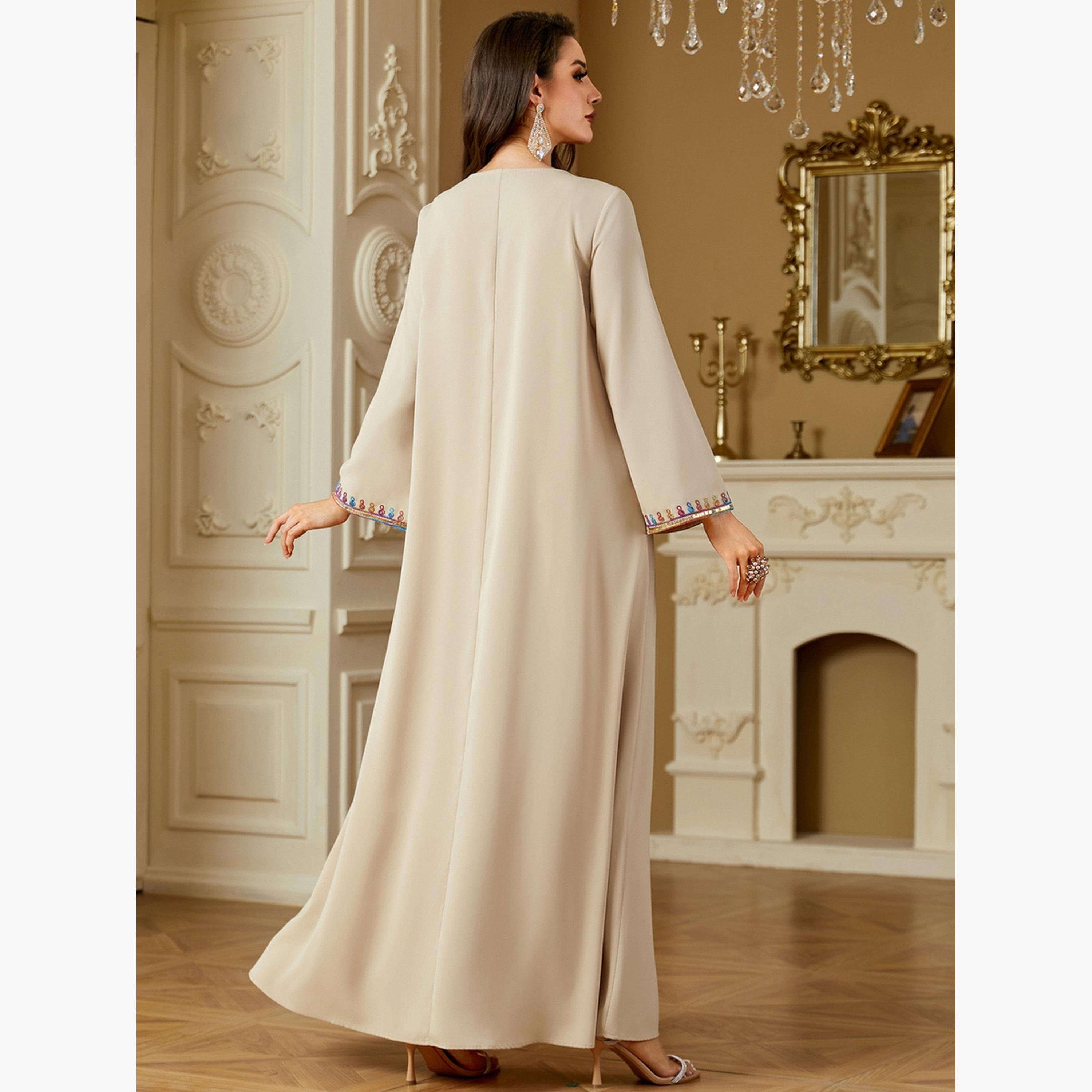 Take Two Women Beige Sequined Panel V Neck Jalabiya-women-arabicclothing-jalabiyas-image-4