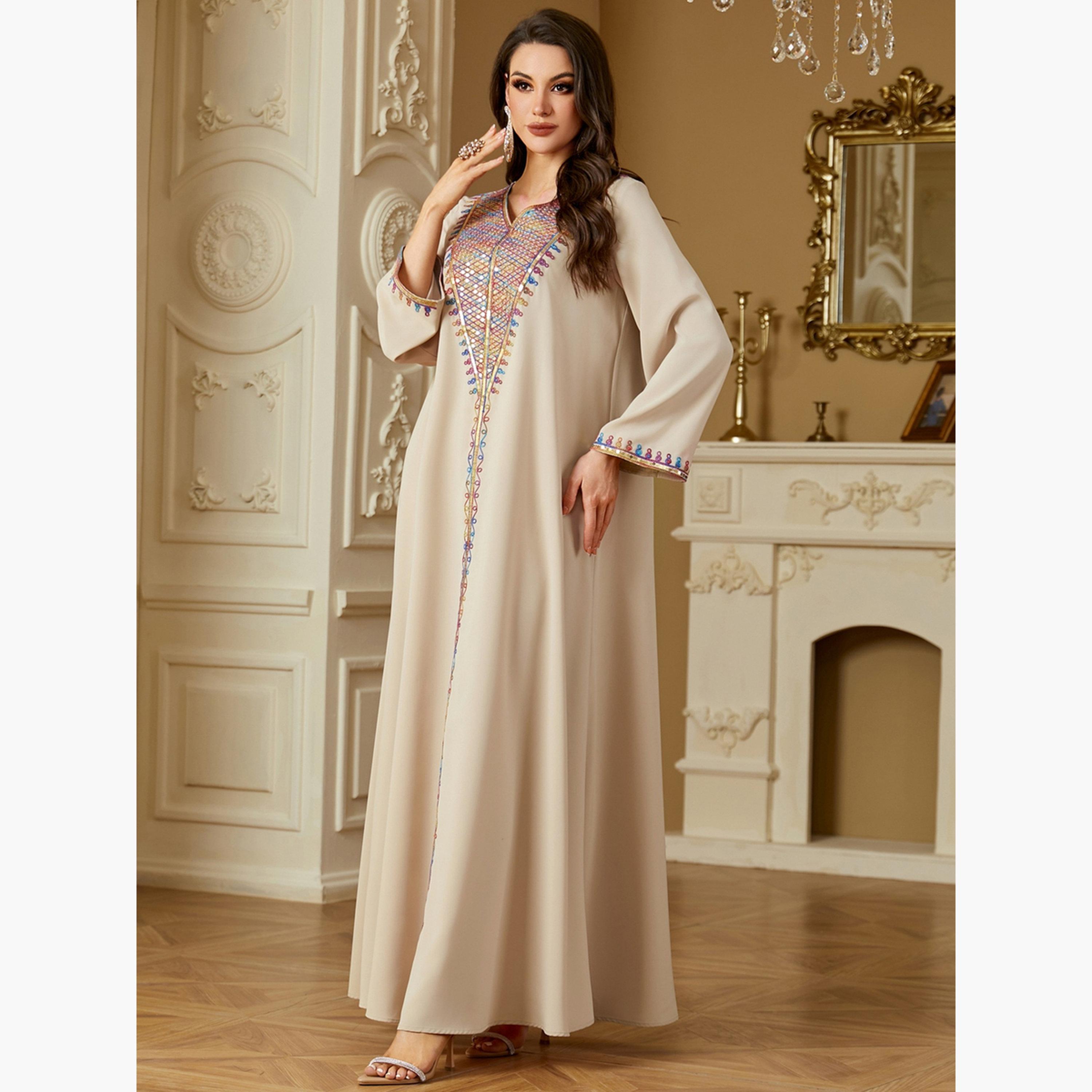 Take Two Women Beige Sequined Panel V Neck Jalabiya-women-arabicclothing-jalabiyas-image-5
