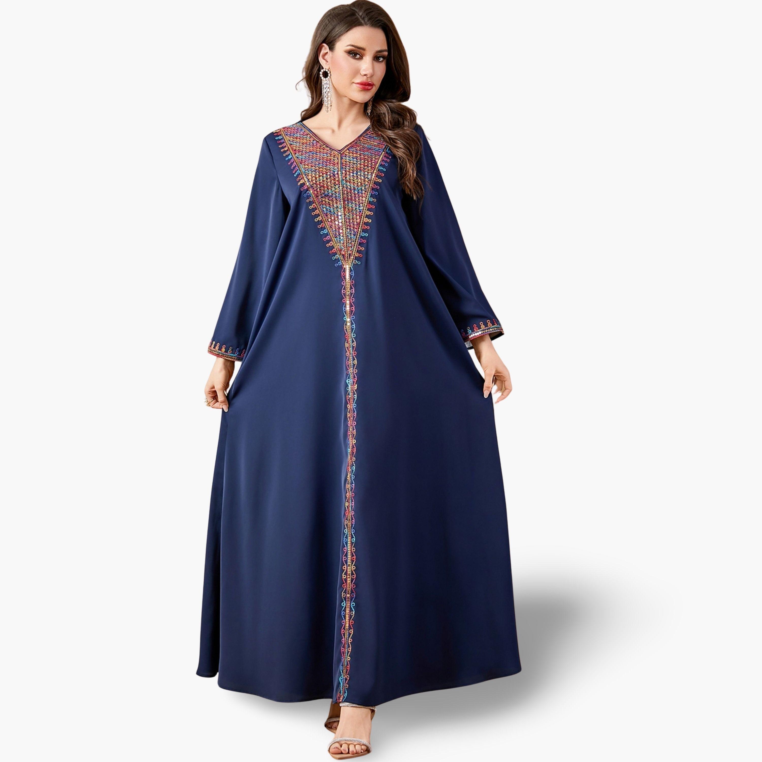Take Two Women Navy Sequined Panel V Neck Jalabiya-women-arabicclothing-jalabiyas-image-1