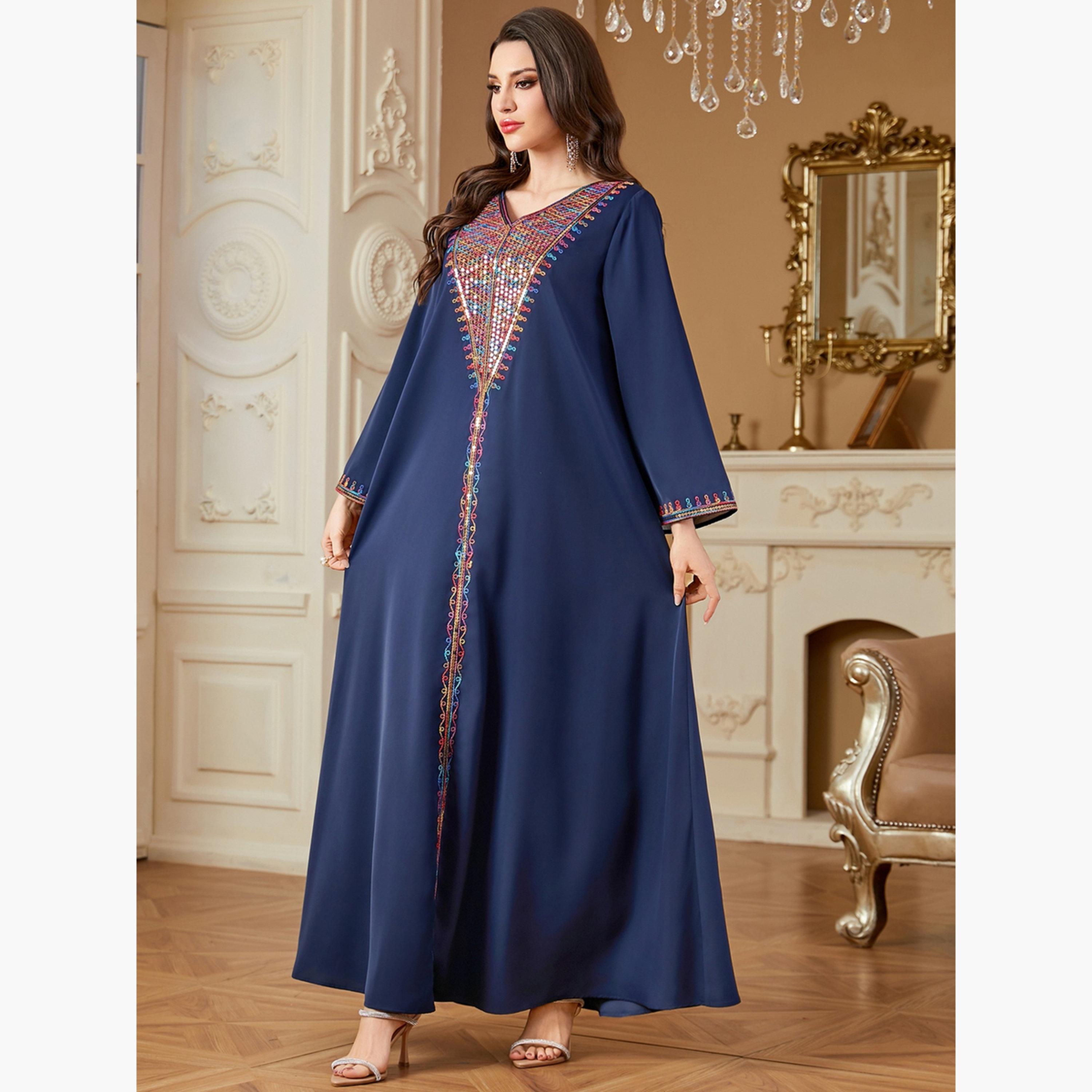 Take Two Women Navy Sequined Panel V Neck Jalabiya-women-arabicclothing-jalabiyas-image-2