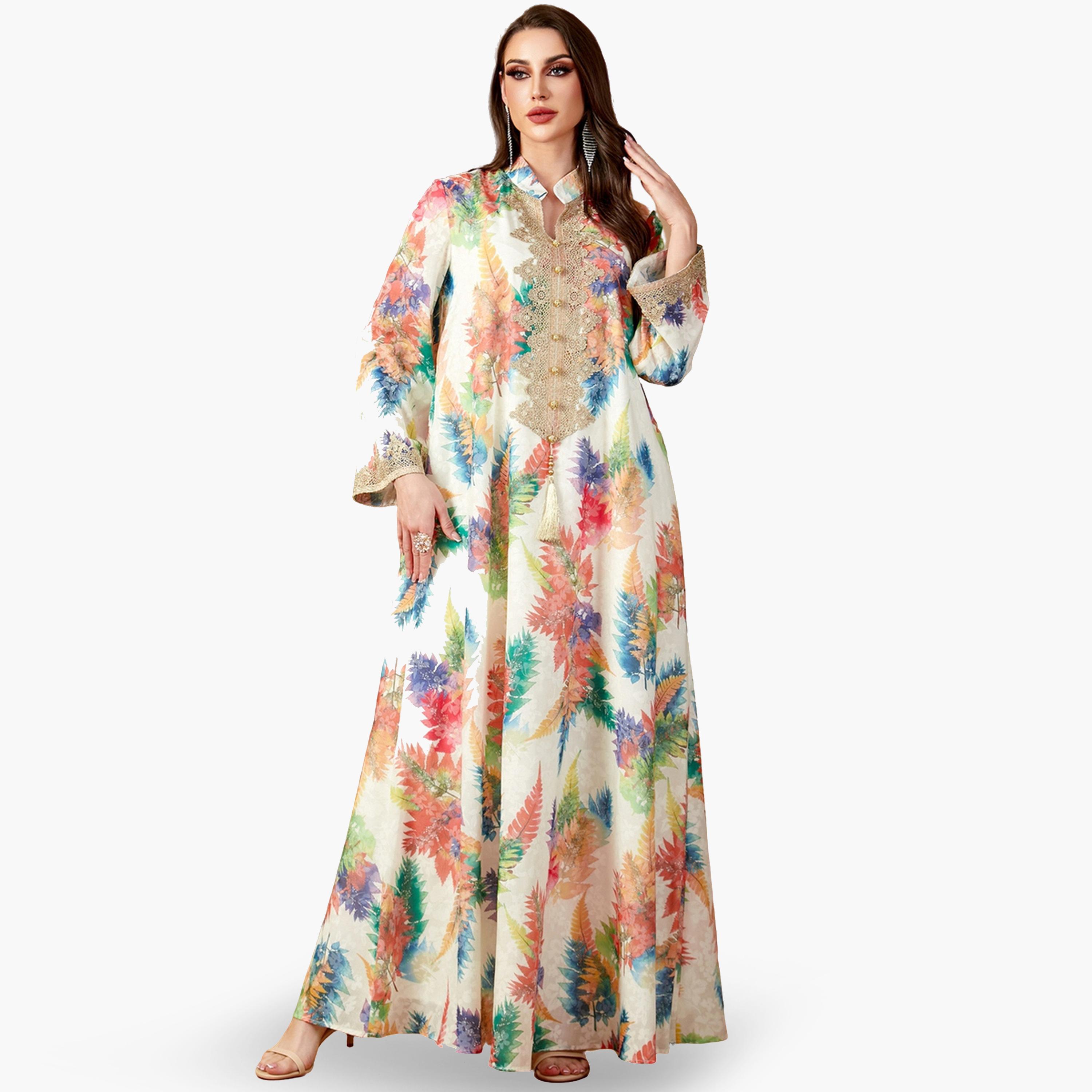 جلابية برقعة مطرزة وطبعة أوراق شجر-women-arabicclothing-jalabiyas-image-1