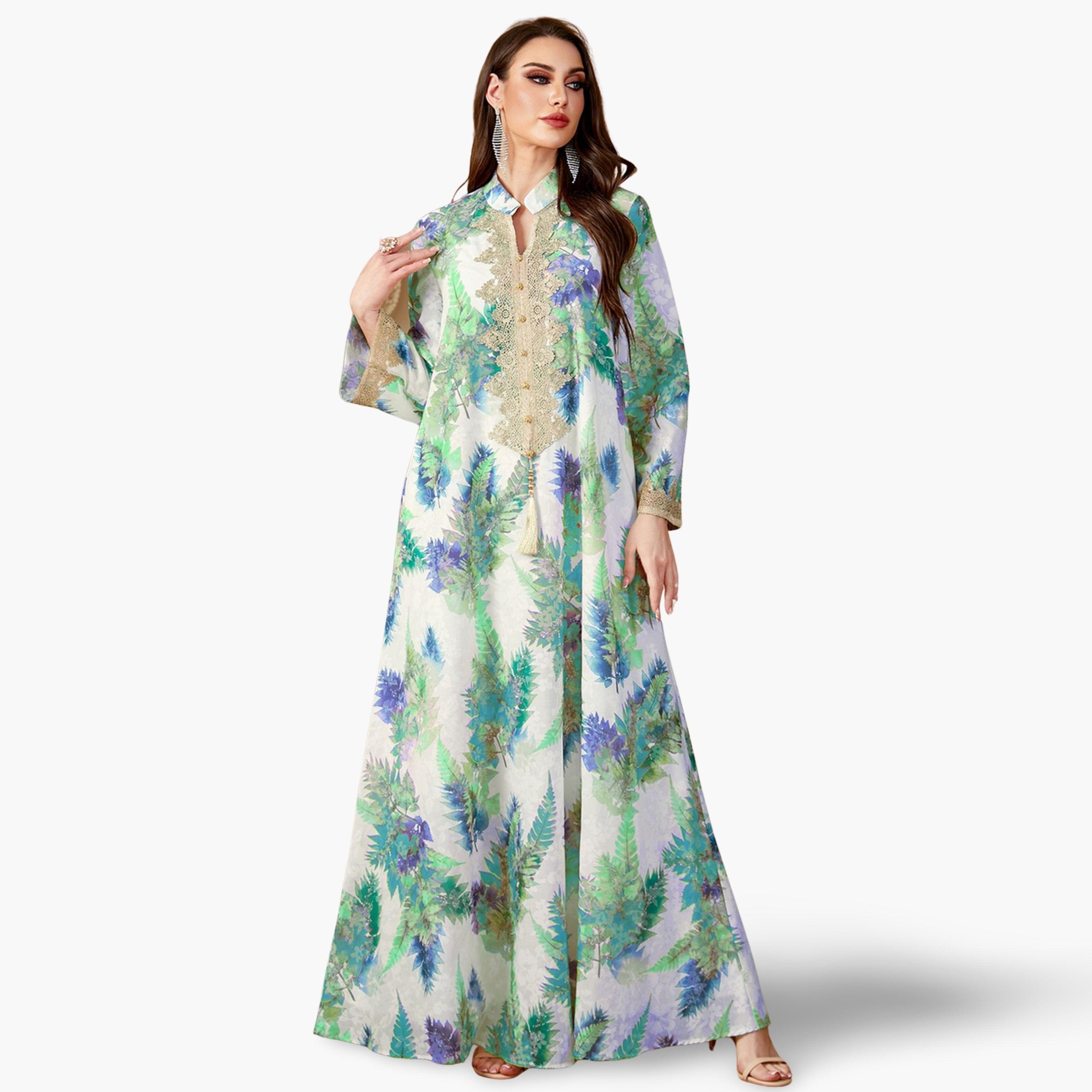 Take Two Women Leaf Print Embroidered Patch Jalabiya-women-arabicclothing-jalabiyas-image-1