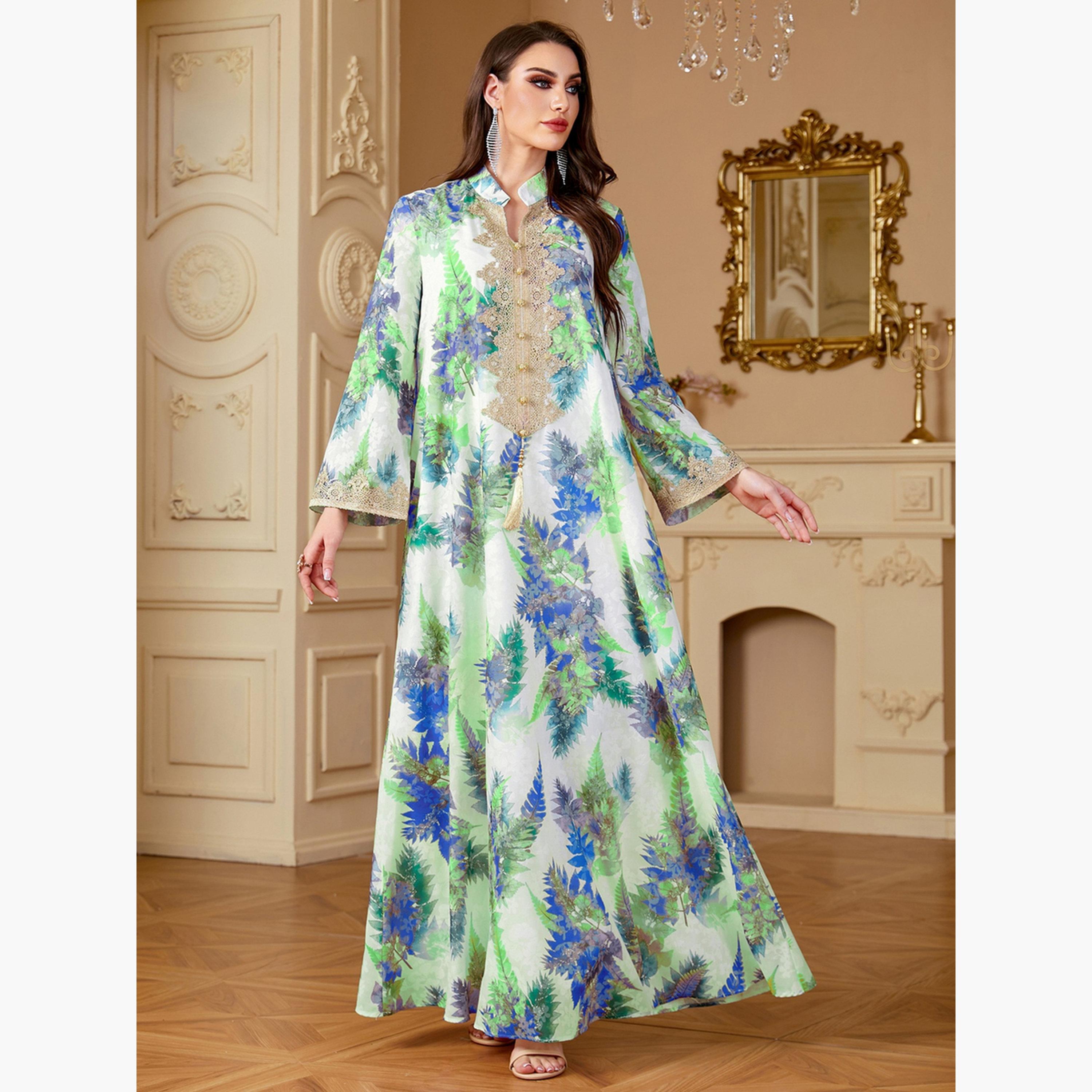 جلابية نسائية بطبعة أوراق شجر ورقعة مطرزة-women-arabicclothing-jalabiyas-image-2