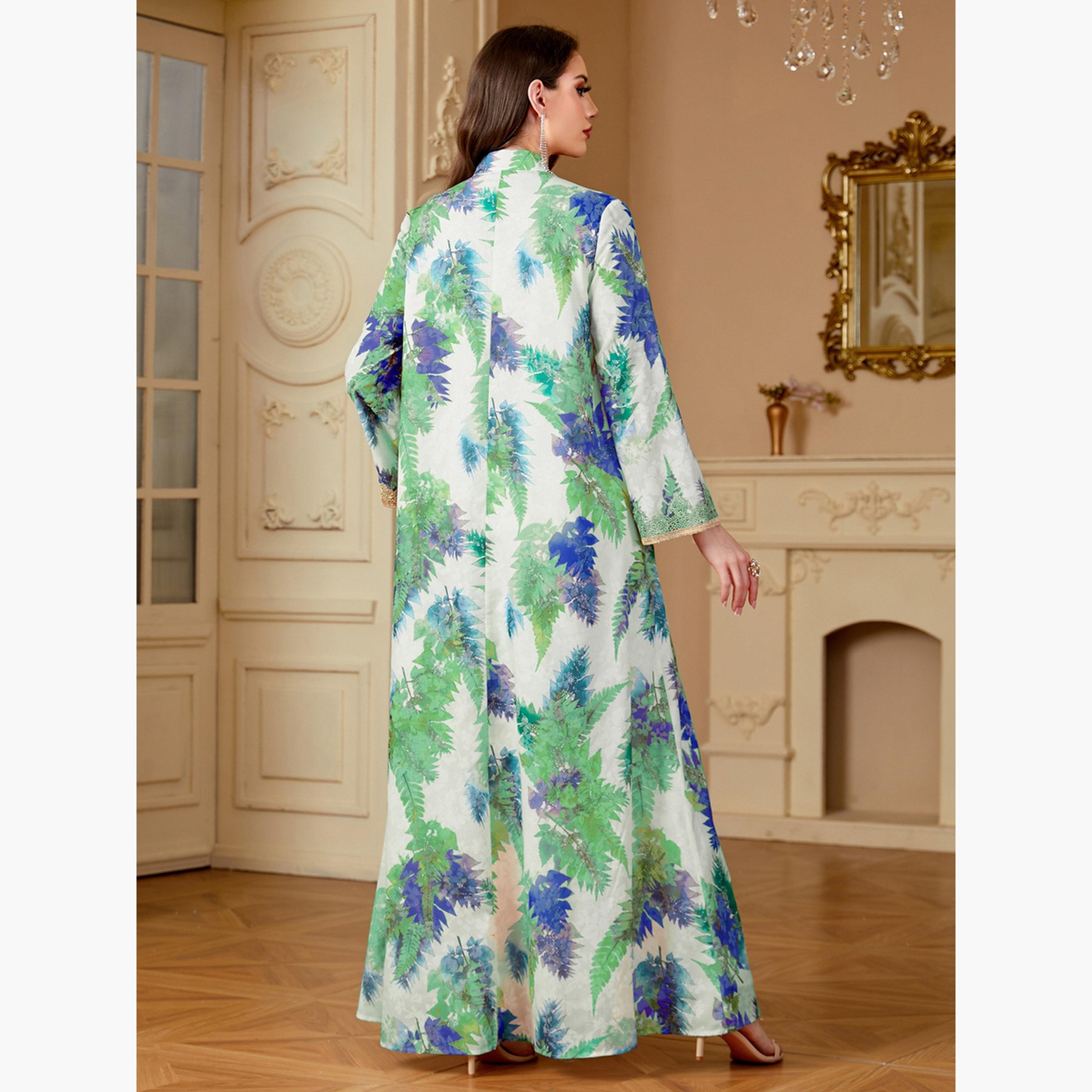 جلابية نسائية بطبعة أوراق شجر ورقعة مطرزة-women-arabicclothing-jalabiyas-image-3