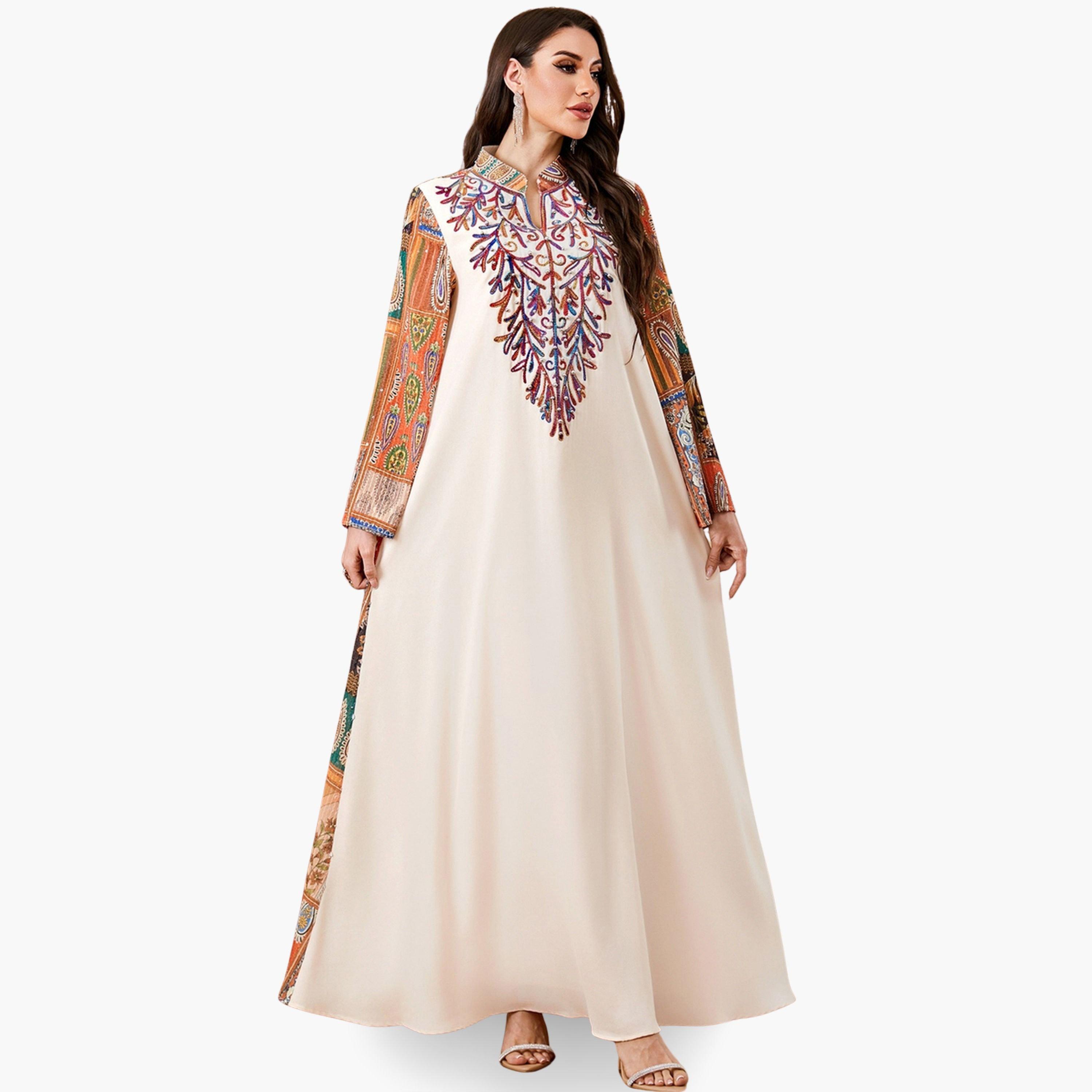 جلابية نسائية مزينة بلؤلؤ صناعي بفتحة رقبة-women-arabicclothing-jalabiyas-image-1