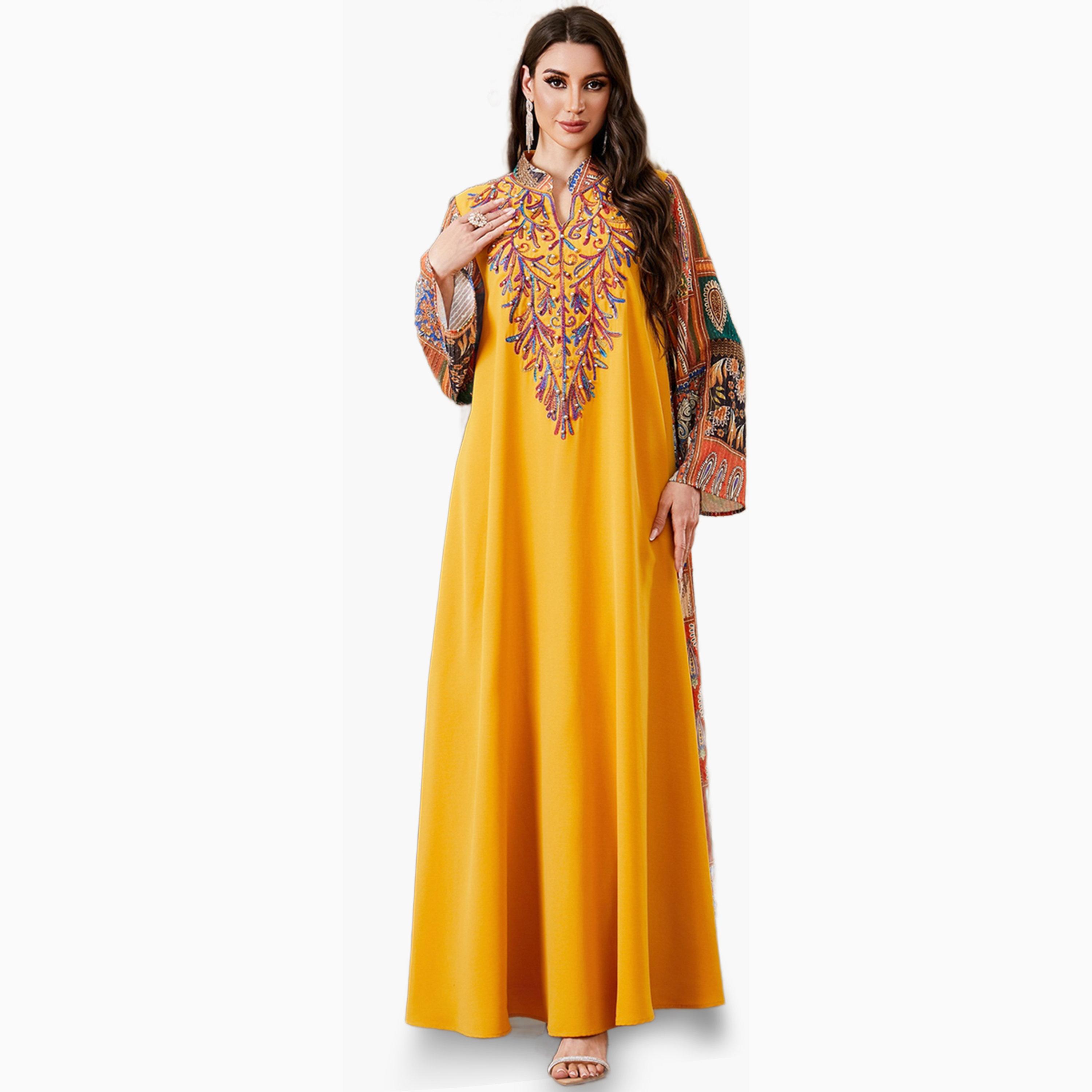 Take Two Yellow Embroidered Jalabiya with Faux Pearl Detail-women-arabicclothing-jalabiyas-image-1
