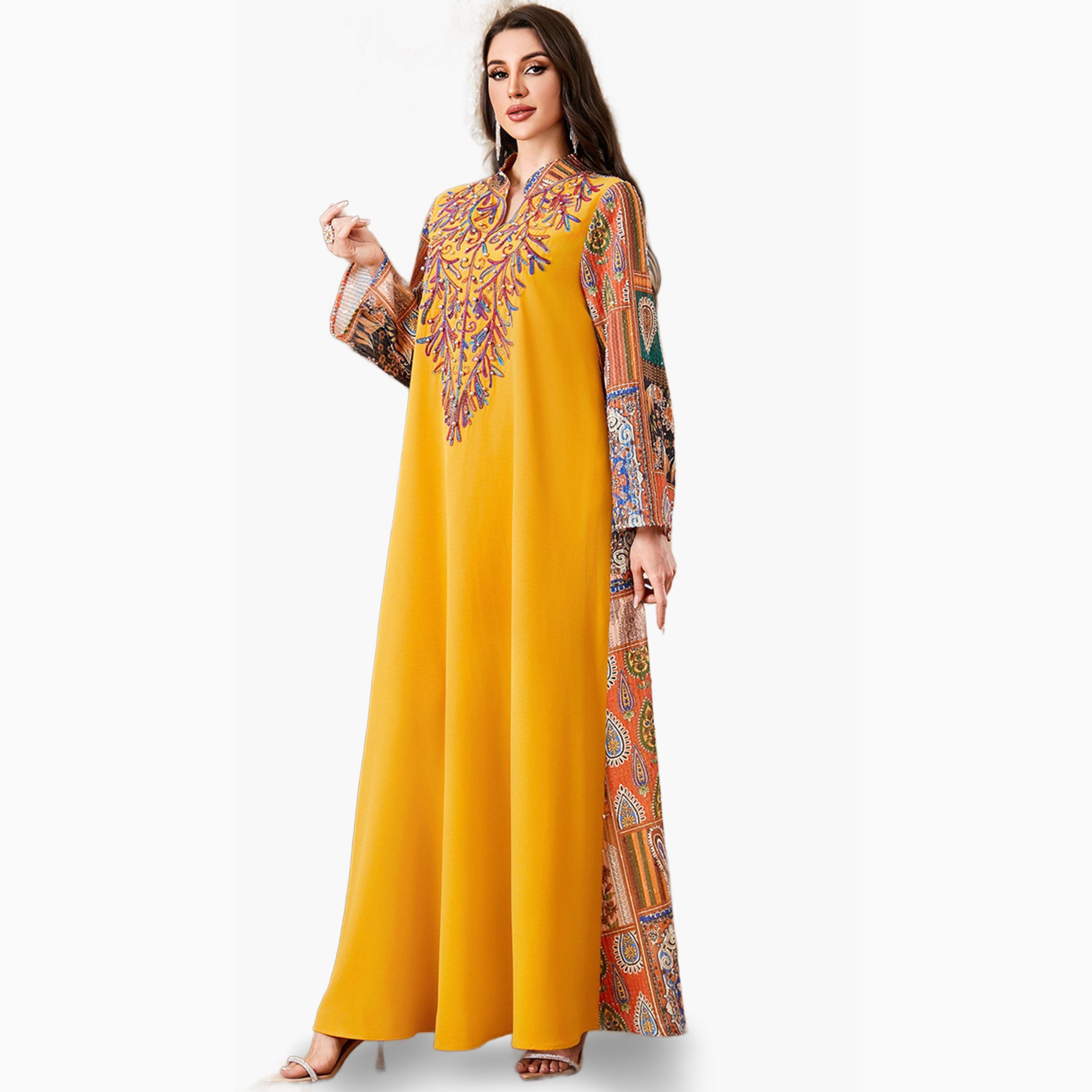 Take Two Yellow Embroidered Jalabiya with Faux Pearl Detail-women-arabicclothing-jalabiyas-image-2