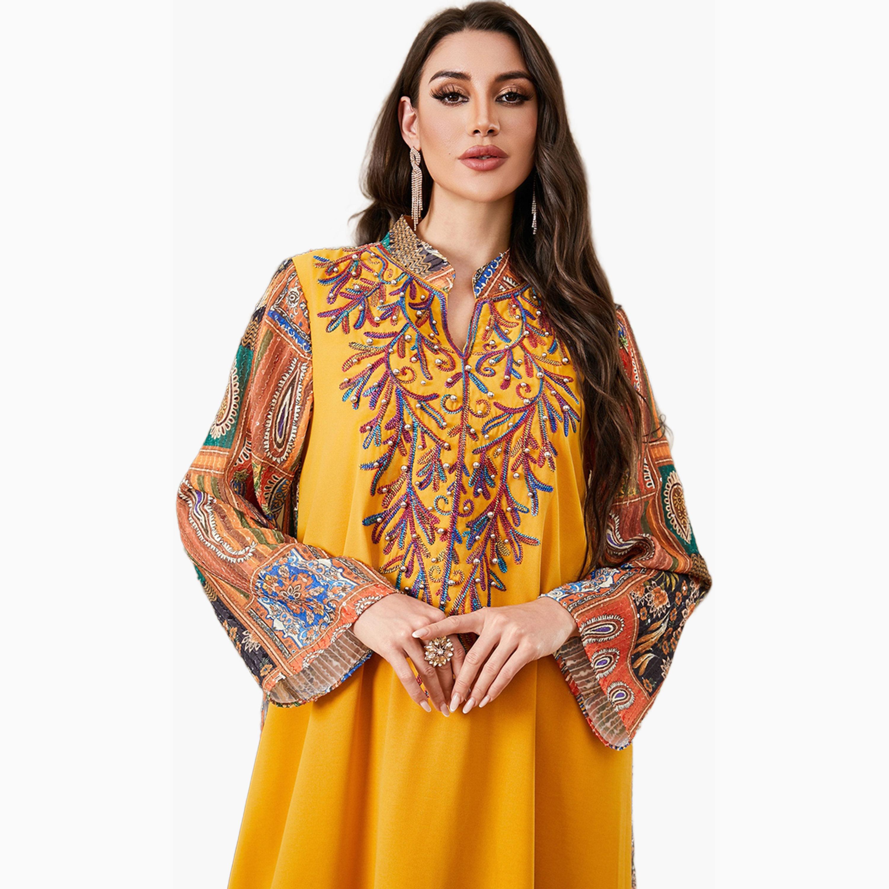 Take Two Yellow Embroidered Jalabiya with Faux Pearl Detail-women-arabicclothing-jalabiyas-image-4