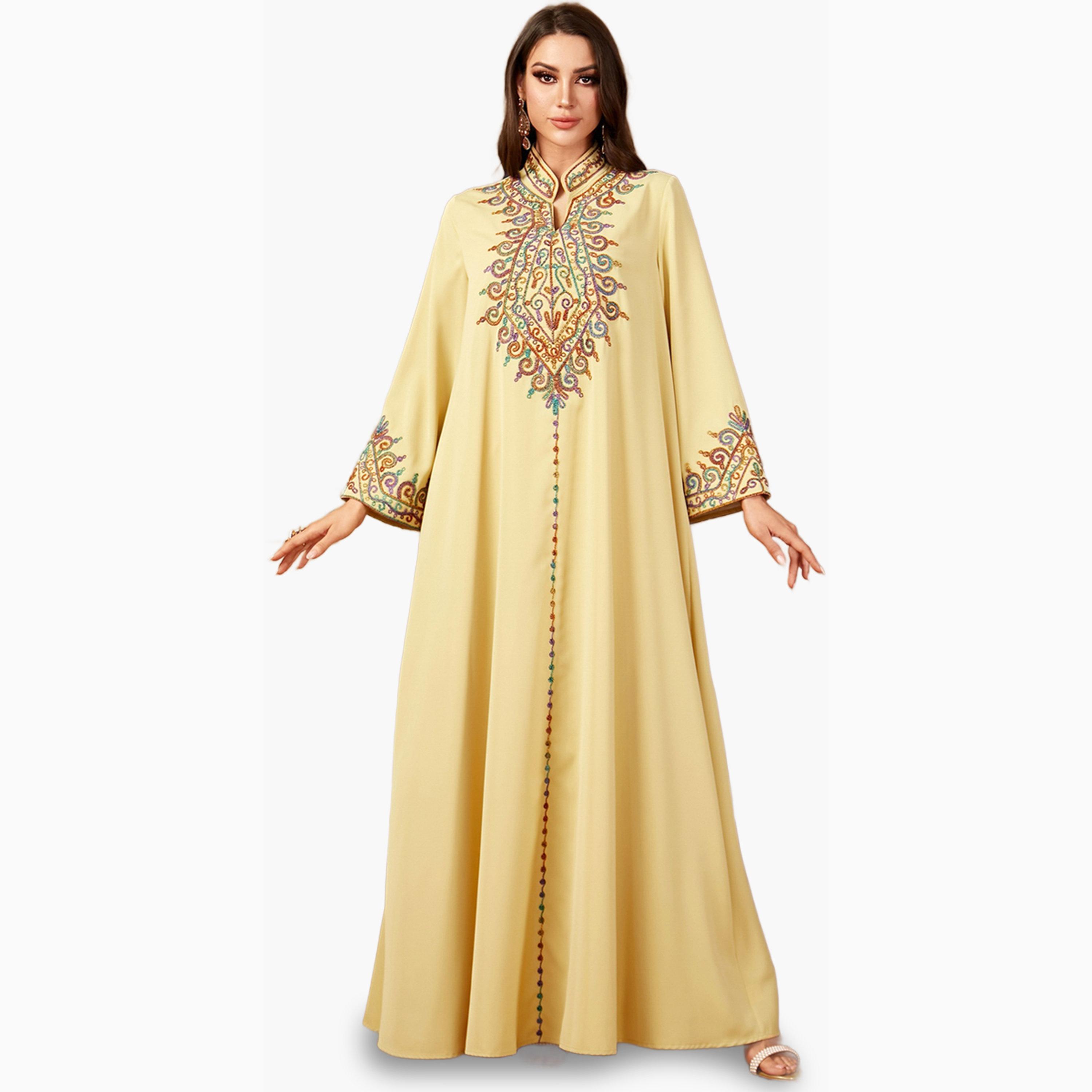 Take Two Yellow Embroidered Notch Neck Jalabiya-women-arabicclothing-jalabiyas-image-1
