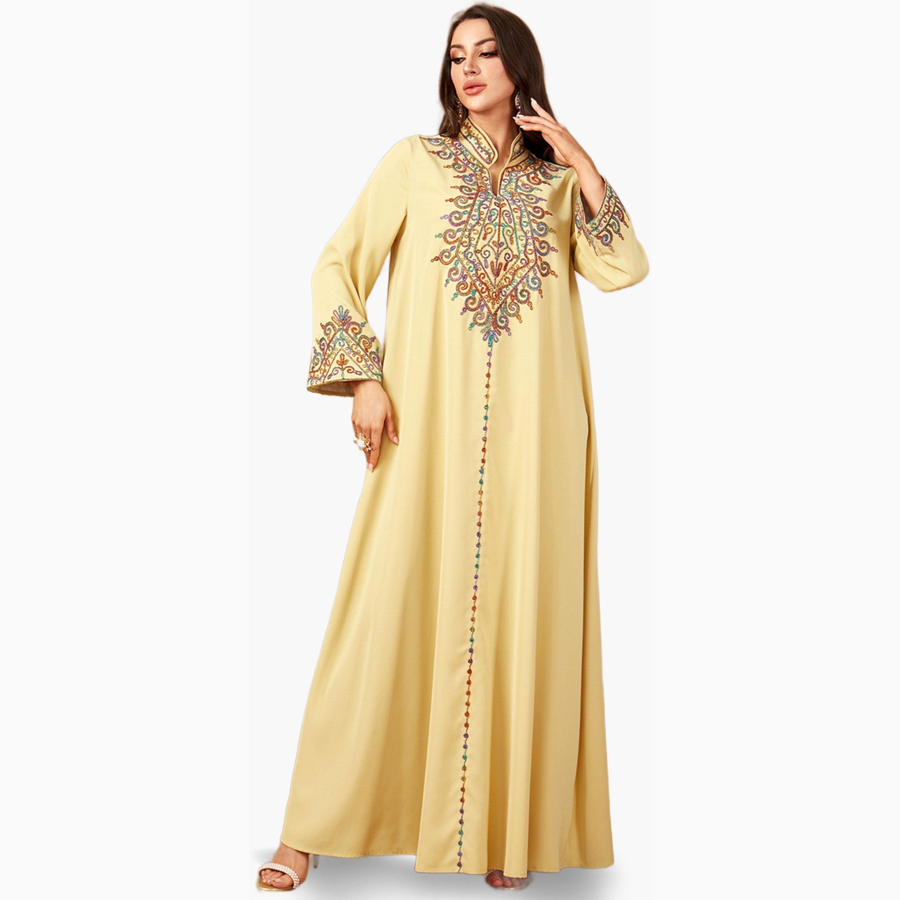 Take Two Yellow Embroidered Notch Neck Jalabiya-women-arabicclothing-jalabiyas-image-2