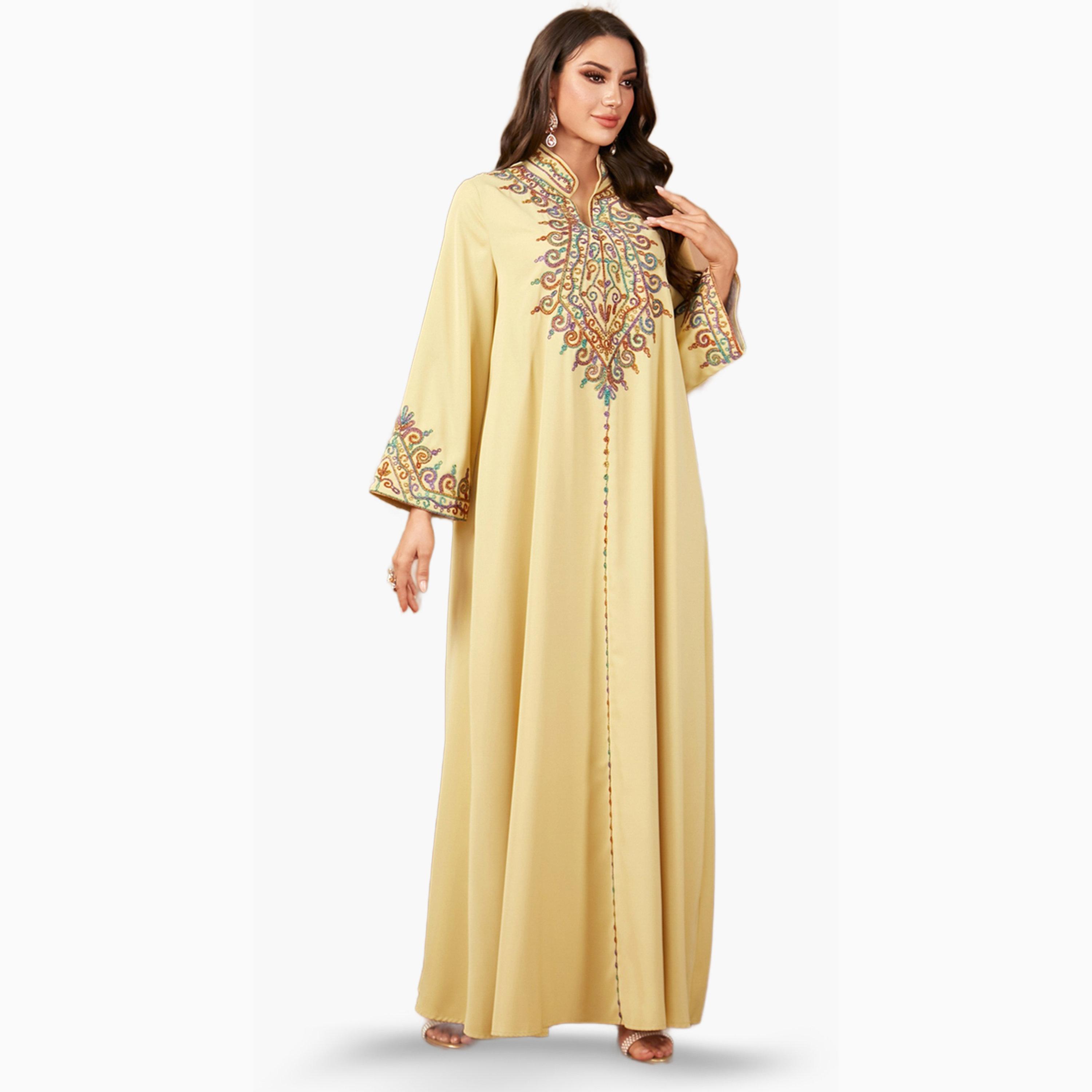 جلابية صفراء مطرزة بياقة وأكمام طويلة-women-arabicclothing-jalabiyas-image-6