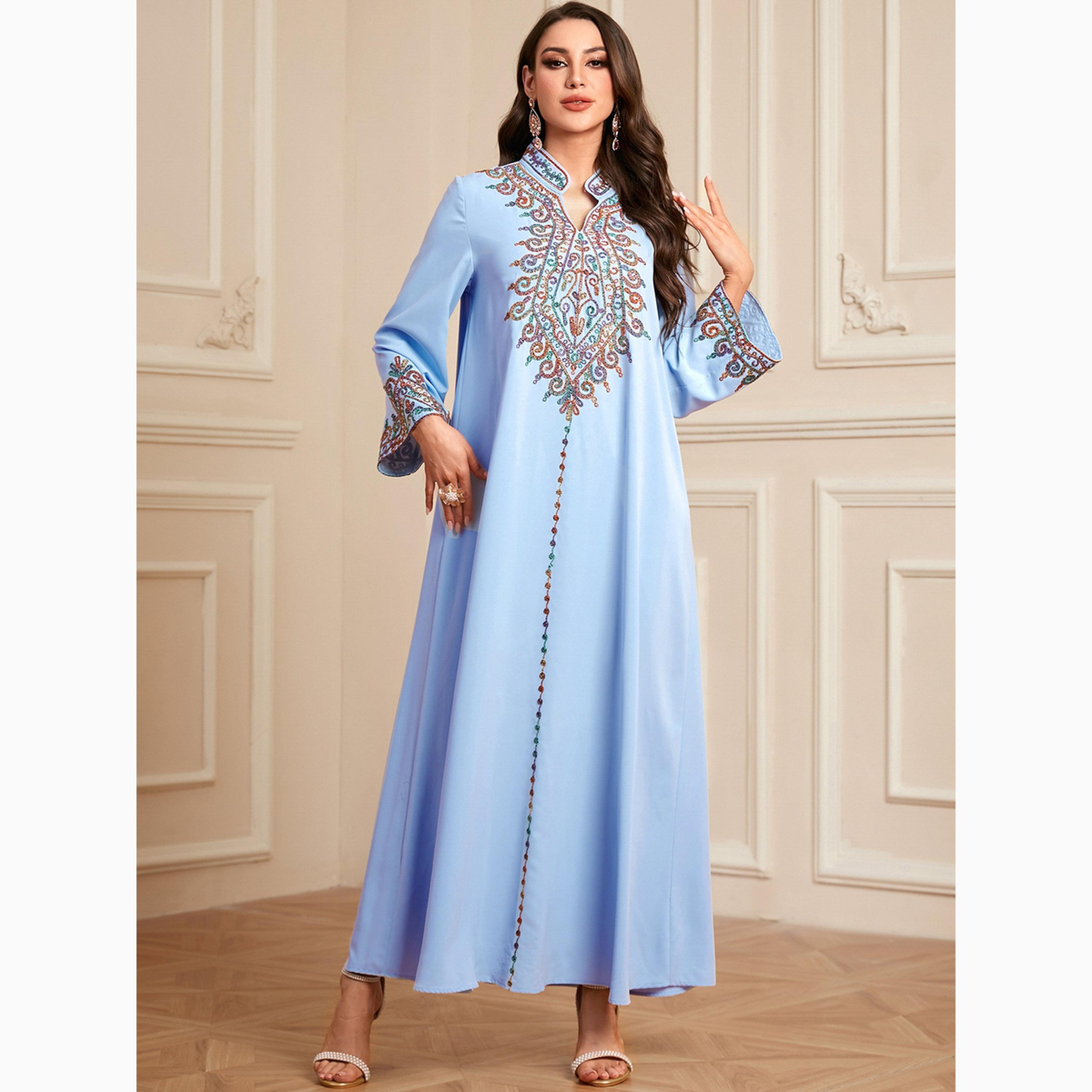 Take Two Blue Embroidered Notch Neck Jalabiya-women-arabicclothing-jalabiyas-image-1