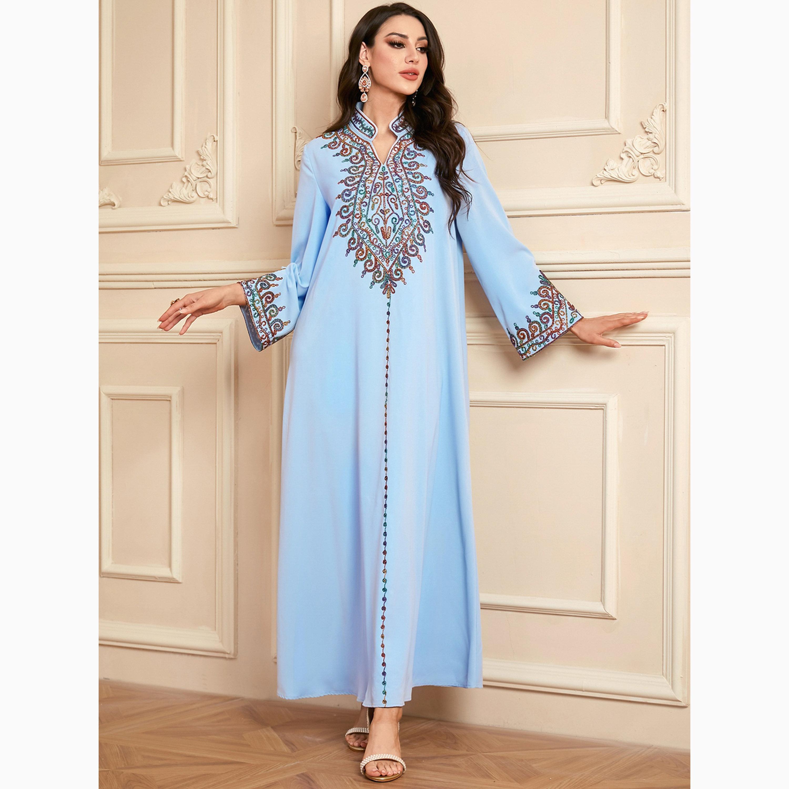 Take Two Blue Embroidered Notch Neck Jalabiya-women-arabicclothing-jalabiyas-image-5