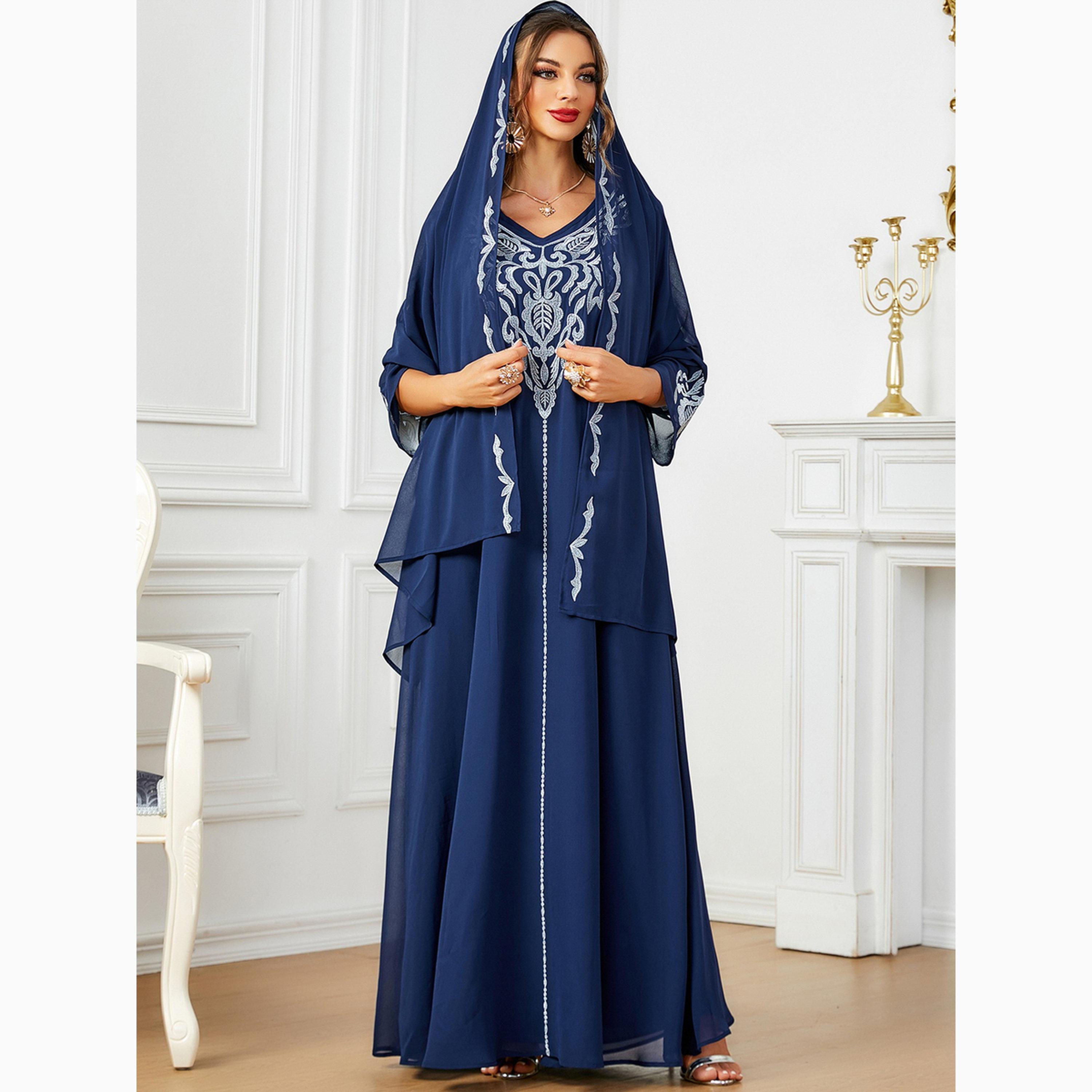 Take Two Blue Embroidered V Neck Jalabiya-women-arabicclothing-jalabiyas-image-1